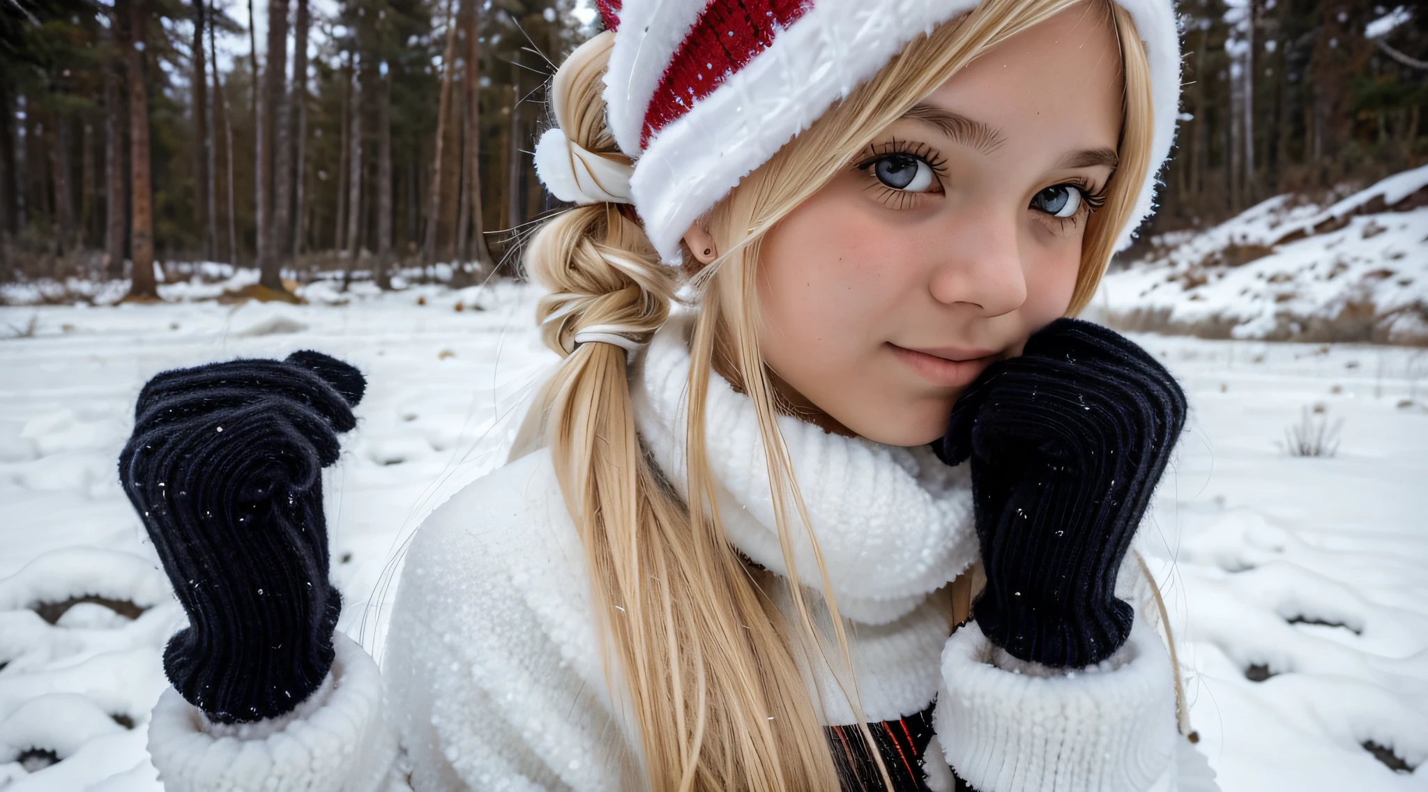 GIRL BLONDE CHILD with long hair wearing a RED sweater and black ear warmers, sonolento, wearing fluffy black scarf, doente com um frio, frio, , um frio, franja fofa, com pele fofa branca, orelhas, sonolento rosto modelo de moda, triste, twintails white_gloves, pele fofinha, adolescente, noites frias congelantes, inverno frio, orelhas pretas