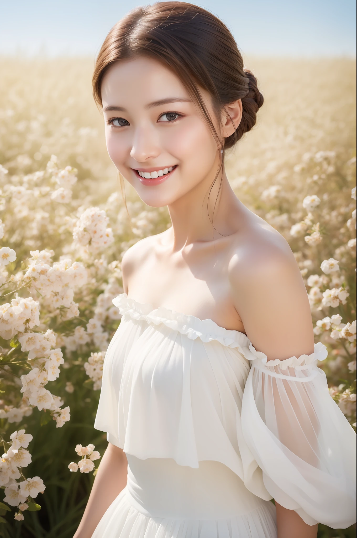 Best quality, masterpiece, ultra high res, (photorealistic:1.4), raw photo, 1girl, white dress, off shoulder, blossom flower field, glowing skin, light smile