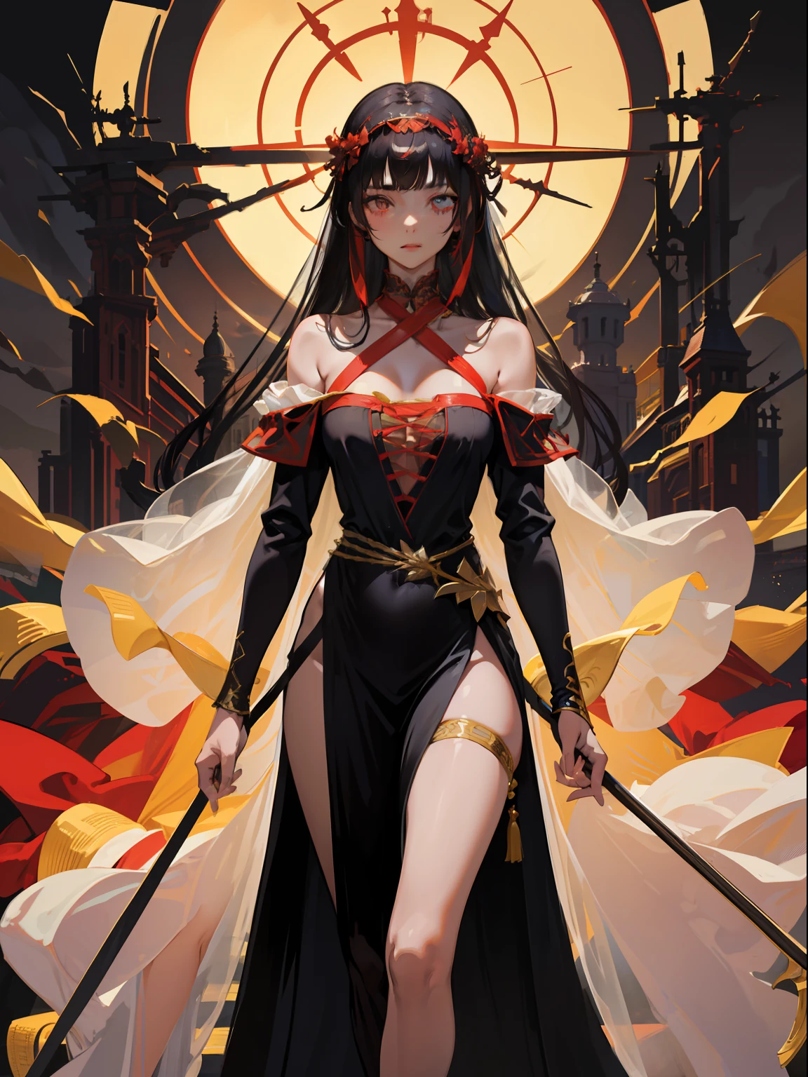 femele,Height 170,Tall and tall,Raised sexy,holding a longsword,Wearing a black silk chiffon robe,See-through installation,Reveals the color of the skin,A red ribbon is tied around the waist,Royal sister,Headband with gold trim,Full body portrait in standing position