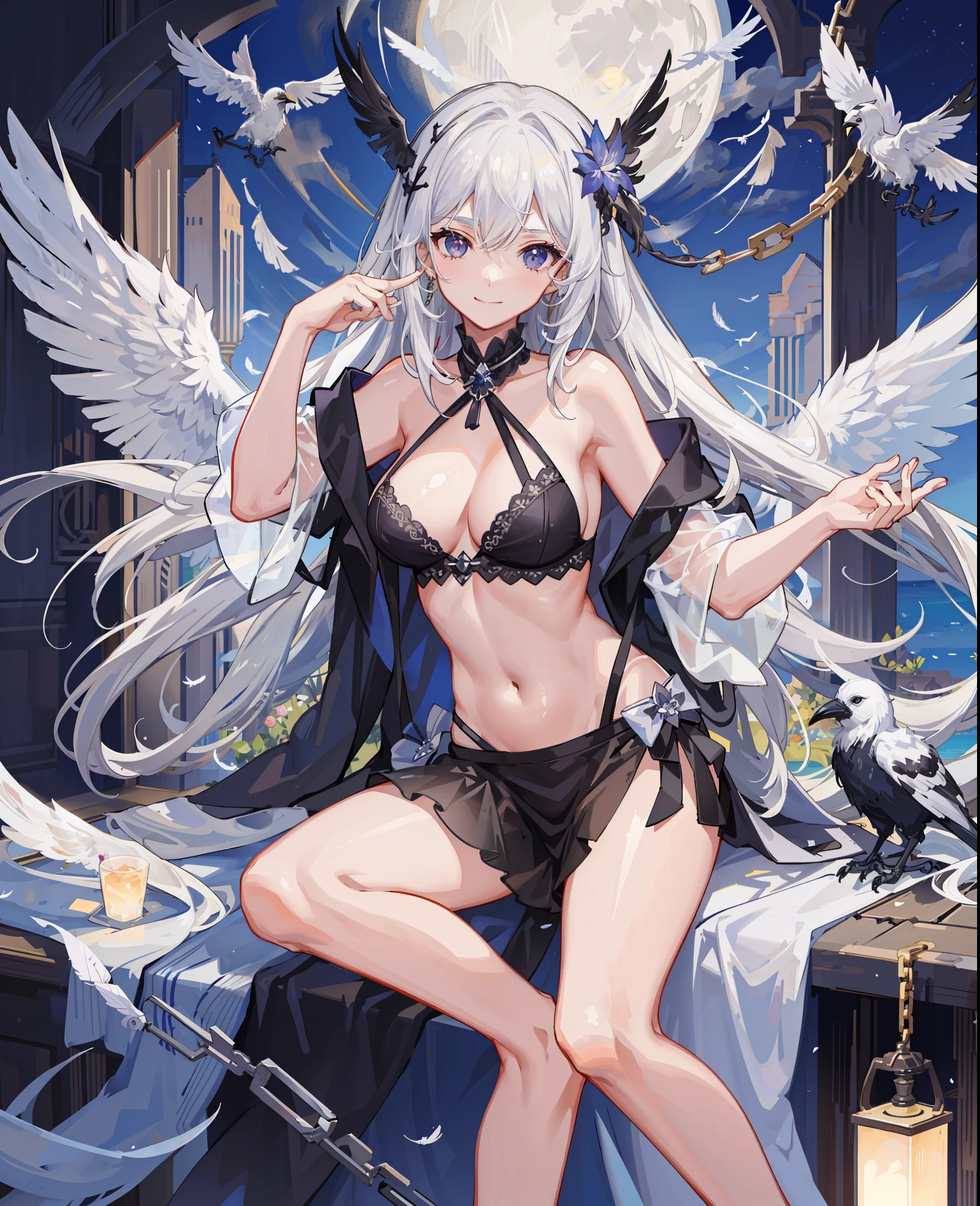 (Masterpiece), (Best quality), full bodyesbian,Simple background,Sitting,
1girll,Shiny hair,White hair,feathers hair ornament, White cloak, ((See-through)),navel,Light smile,hair
planting, flower, full_Moon, ((crow)),Chains,废墟,
1 gir, in flower,Naked female big breast ,1girl in flower ,navel,
