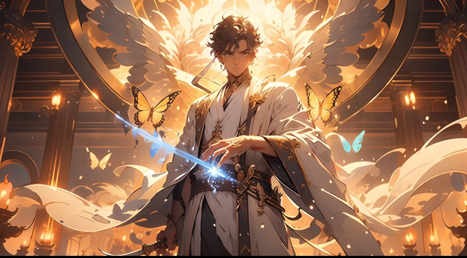 /imagine prompt: A petite man in a white robe standing in front of a magnificent palace. His gaze is determined, and he holds a sharp sword in his hand. Surrounding him are vibrant gardens and fluttering butterflies. by Manhwa --niji 5