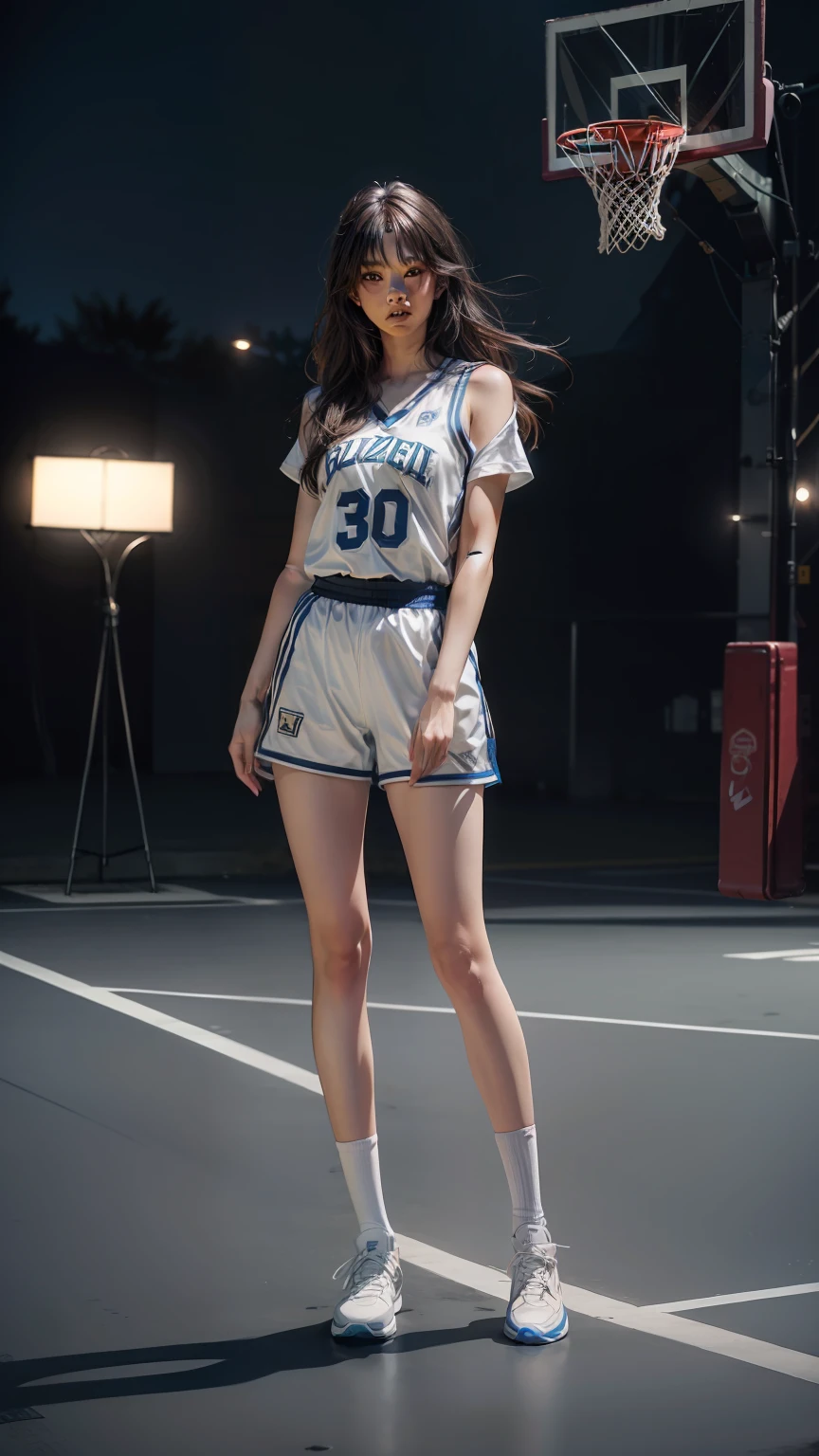 (8K, Best Quality, Masterpiece: 1.2), (Realistic, Realistic: 1.37), Ultra Detailed, Best Quality, Ultra High Resolution, Professional Lighting, Photon Mapping, Teleportion, Physically Based Rendering, Cinematic Lighting, Basketball Court, Depth of Field, Clear Focus, Sunlight, Good Composition, (Bokeh: 1.2) 1girl, solo, (full body), (mouth closed), beautiful and detailed eyes, posture, narrow waist, basketball uniform, black hair, messy hair, long hair fluttering in the wind, ( ulzzang-6500:1.2)