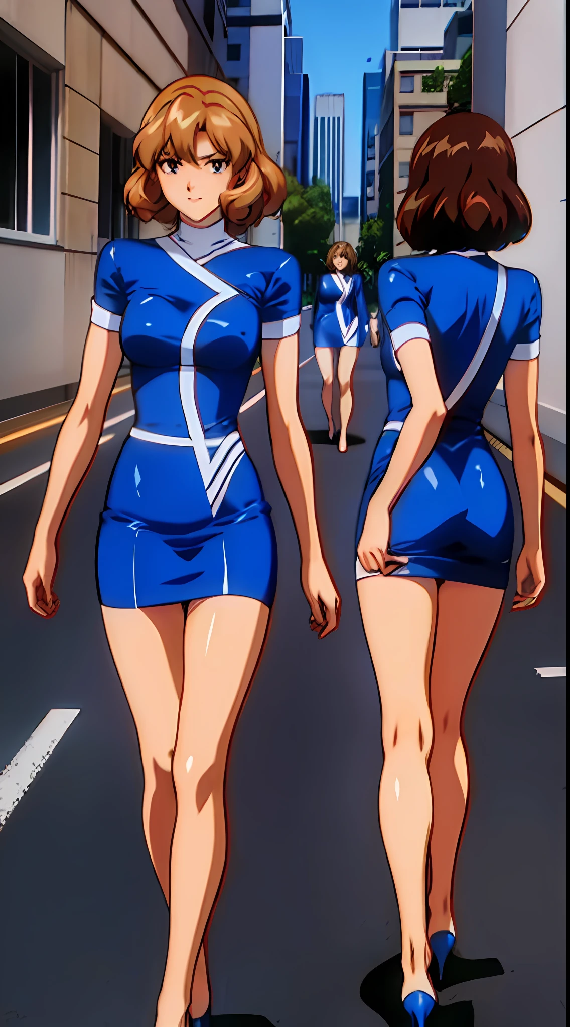 3girls, triplets, clones, masterpiece, best quality, extremely detailed 8K wallpaper, skin tight, ultra detailed, volumetric lighting,  best anatomy, detailed eyes, beautiful eyes, best shadow,  retro artstyle, 1990s (style), anime screencap, screencap, town in the background, brunette girl, brown hair, long hair, curly hair, hazel eyes, blue dress, matching dresses, matching outfits, high heels, trio, strutting in lockstep