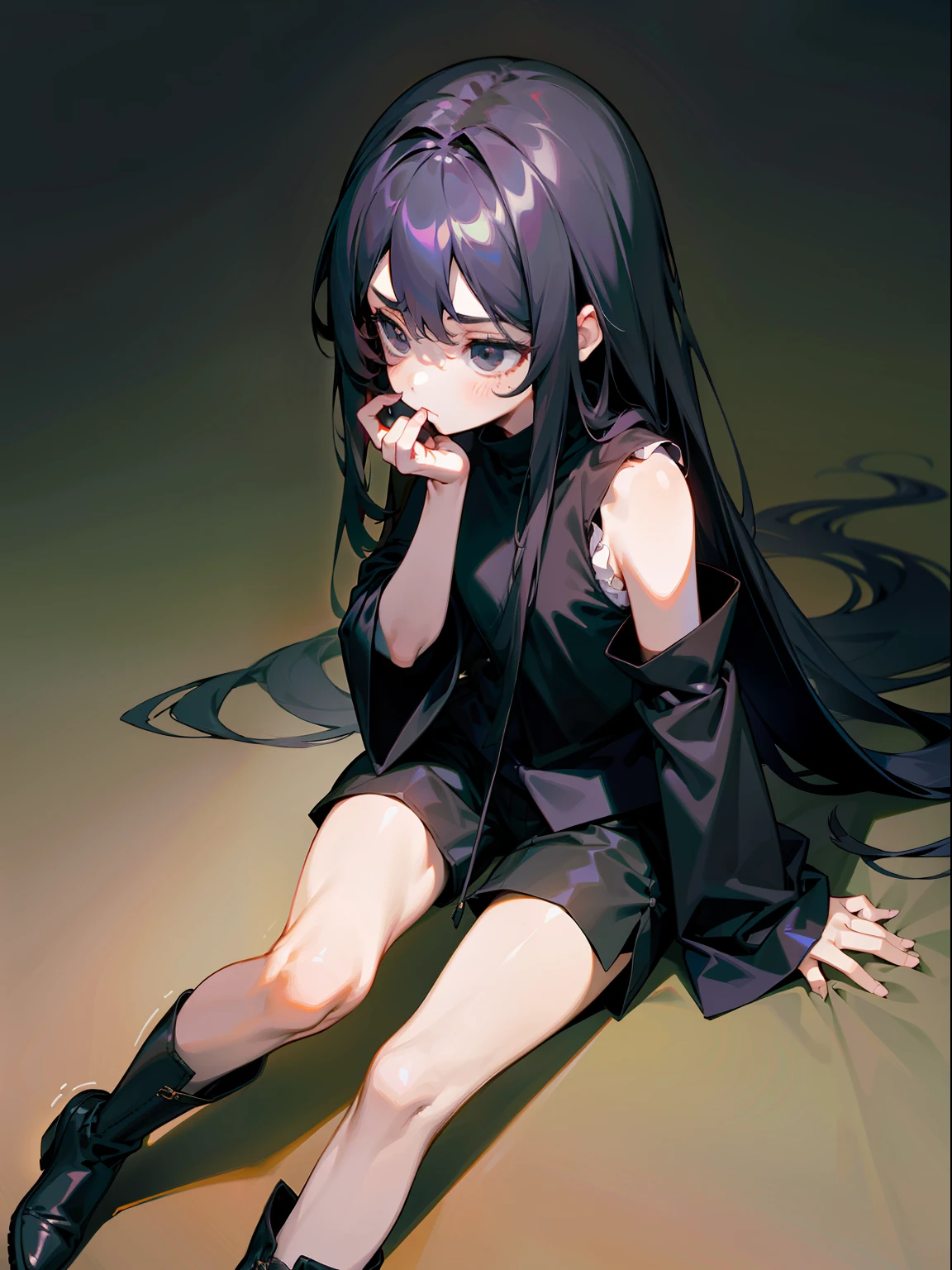 tmasterpiece,A high resolution,one-girl,dimly lit,black long hair,sleeveless,oversleeve,black shirt,Black eyes,Look ahead,Empty eyes,Sluggish,sat on the ground,simplebackground,Wide sleeves,The hand is in the sleeve,hidden hands,shorts,leg ring,Black boots