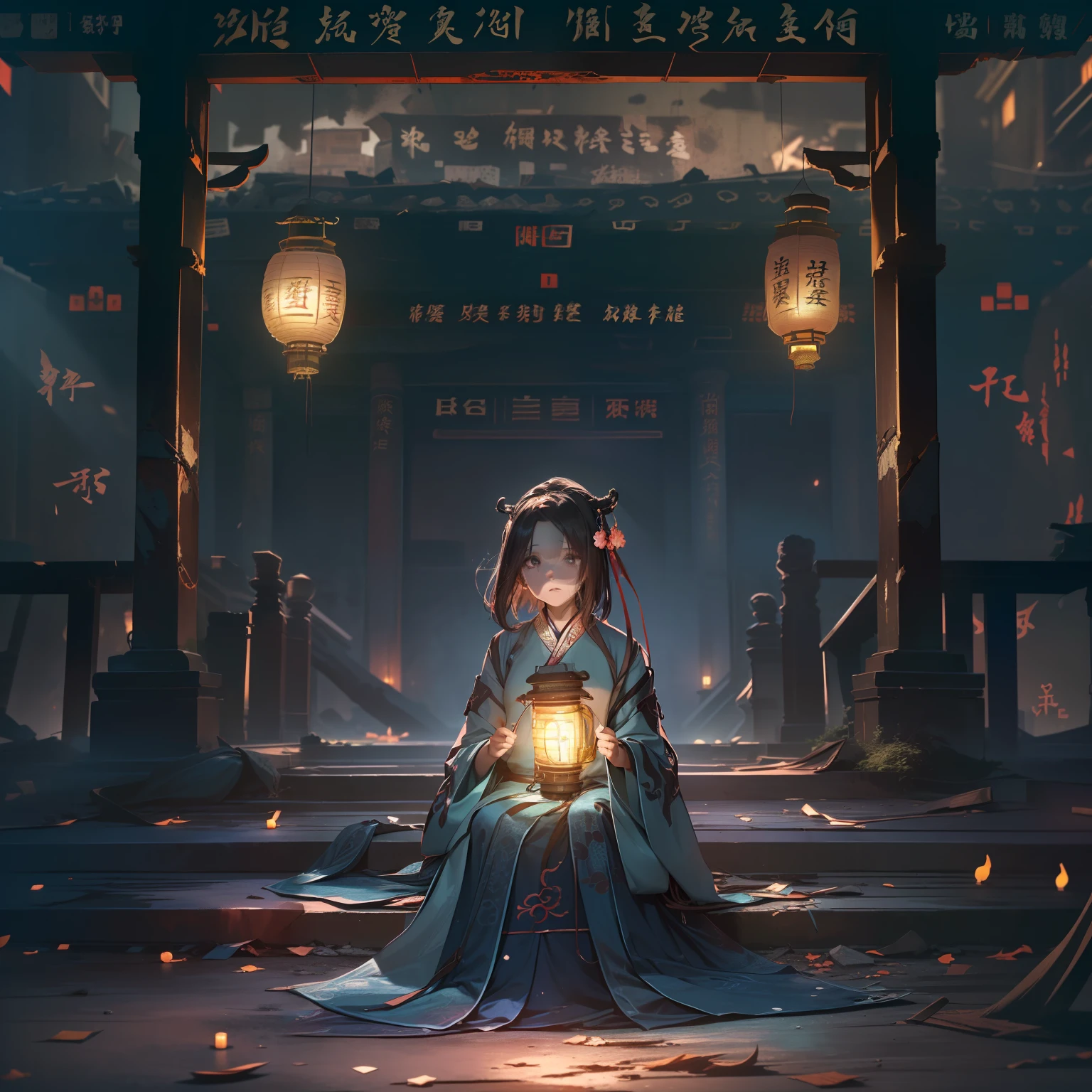 Very cute girl,G Cup Breasts,(Hanfu:1.6),(Hunfu skirt:1.3),onimous,(Mysterious Lantern Light:1.4),,a short bob,Leprechaun,(A crumbling abandoned temple with peeling paint:1.4),(Darkness of the night:1.4),(top-quality:1.4) ,(very creepy:1.4),(The contrast between the darkness of the night and the brightness of the lanterns and the glow of the figures:1.3),(Light and shadow equal to the face:1.2),(Prone to downcast eyes:1.4),Look away,(Vague and ephemeral:1.4),(Otherworldly:1.4),