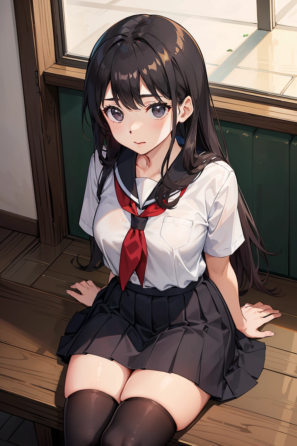 A girl in a skirt, in a Japanese school uniform, sits on the lap , her arms are wrapped around his neck, she is wearing black stockings,