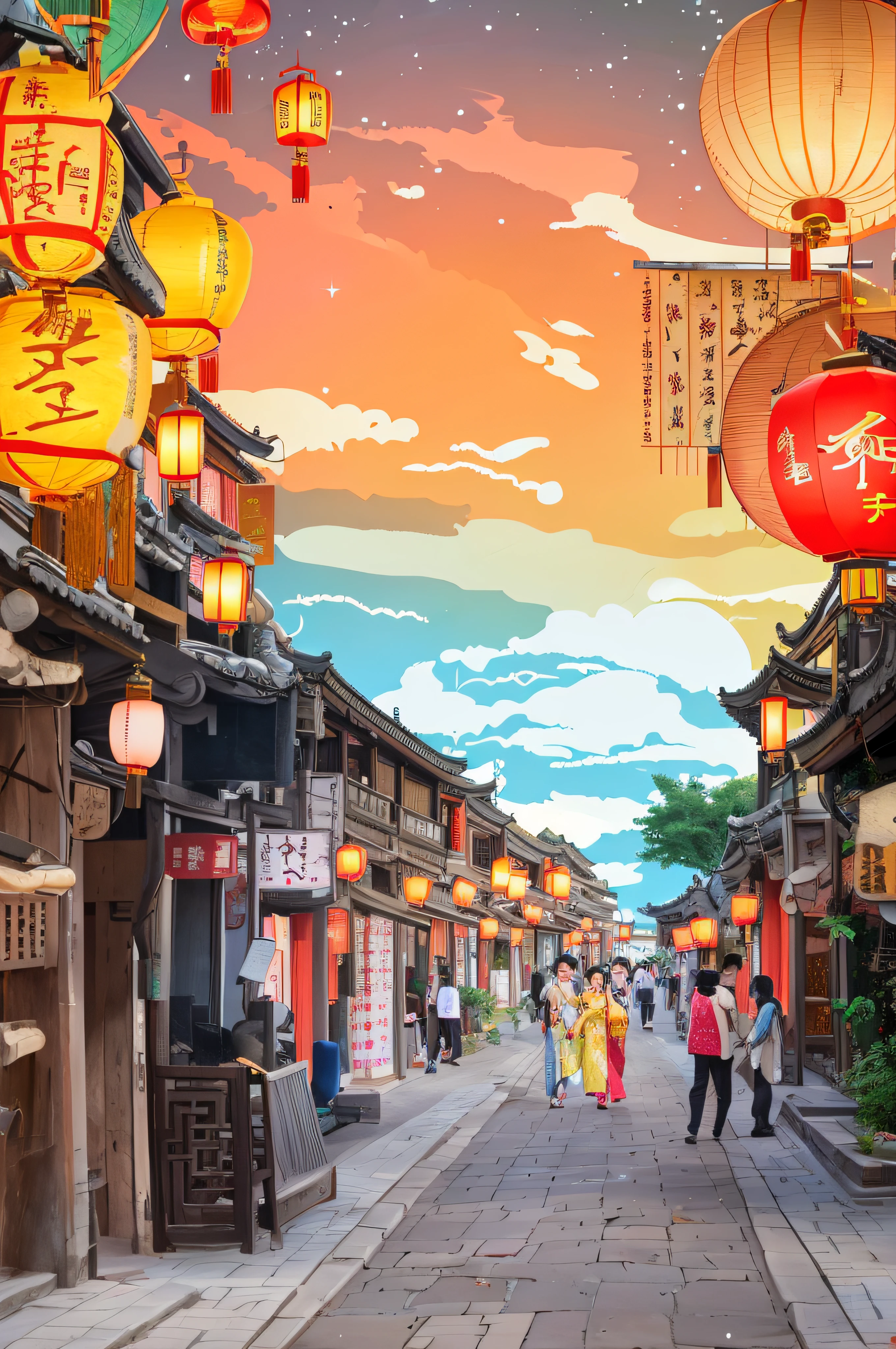 A street in an ancient town of China,Lots of lanterns in the sky,Dusk view