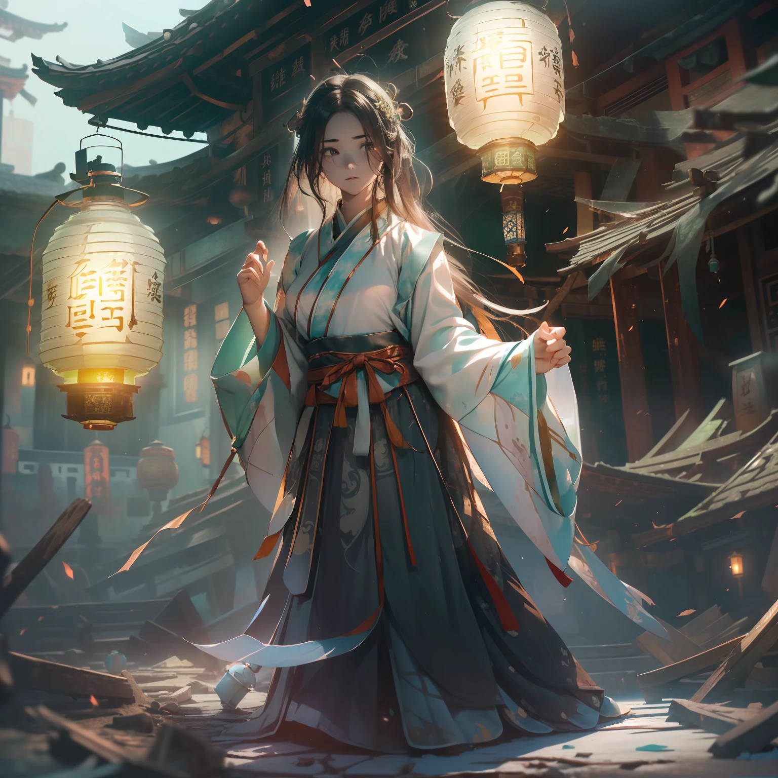 Very cute girl,G Cup Breasts,(Hanfu:1.6),(Hunfu skirt:1.3),(onimous:1.1),(Mysterious Lantern Light:1.4),,a short bob,Leprechaun,(A crumbling abandoned temple with peeling paint:1.4),(Darkness of the night:1.4),(top-quality:1.4) ,mystical:1.2),(The contrast between the darkness of the night and the brightness of the lanterns and the glow of the figures:1.4),(Light and shadow equal to the face:1.3),(Prone to downcast eyes:1.4),Look away,(Vague and ephemeral:1.4),(Otherworldly:1.4),