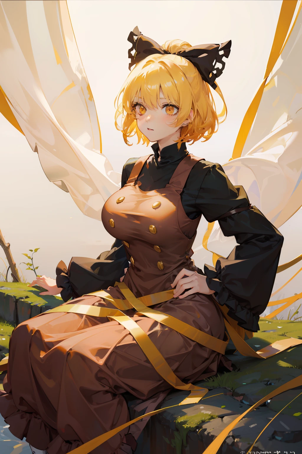 (masterpiece),best quality, expressive eyes, perfect face, 1girl,
big breast, H-cup, good breast, beautiful, gorgeous,anime,girl,lora, floating clothes,w sitting, w sitting on ground, legs on ground, short hair, yellow eyes, leaf hair ornament,red shirt,skirt,long sleeves,curtain chest ,hands on hips, hands on waist,kurodani yamame,
hair bow,
yellow eyes,
brown dress,
long sleeves,
silk,
spider web,