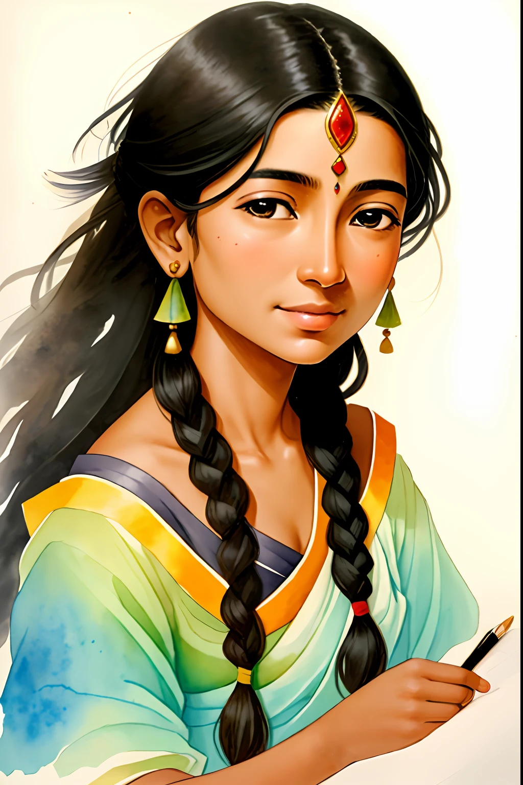Create a closeup hard stroked flat watercolor painting of a Indian woman's face in a side view. She has bright skin, dark eyes and braided hair, and a bindi on her forehead. She is wearing a colorful sari. She has a pen in her right hand and with a writing pose. She has a slight smile on her lips and she is looking at the paper with concentration. The painting should use hard strokes to create contrast and texture. The angle of the painting should be 90 degrees from the woman’s face, so that only one side of her face is visible.