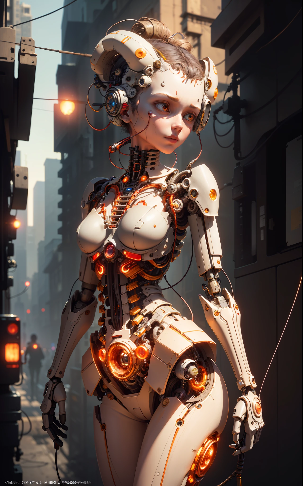 (((masterpiece))), (((best quality))), ((ultra-detailed)), (highly detailed CG illustration), ((extremely delicate and beautiful)),(side),cinematic light,((1 mechanical girl)),solo,half body,(machine-made joints:1.2),((mechanical limbs)),(blood vessels connected to tubes),(mechanical vertebra attaching to the back),((mechanical cervical attachment to the neck)), expressionless,(wires and cables attached to the neck:1.2),(wires and cables on the head:1.2)(character focus), science fiction, city background, extremely detailed, colorful, more detailed, (face shadow (extra detailed, better performance)), laser eyes (detailed red))fire in hand holes)