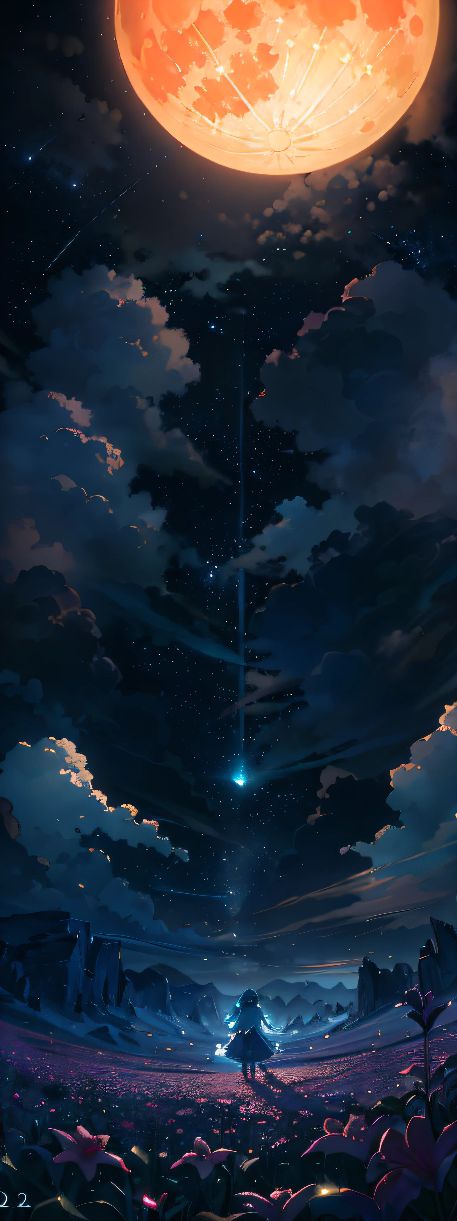 Photos of vast landscapes, (seen from below, sky and forest below), little girl standing in a flower field looking up, (Full Moon: 1.2), (Meteor: 0.9), (Nebula: 1.3), Distant Mountains, Tree Breaking Making Art, (Warm Light Source: 1.2), (Firefly: 1.2), Lights, Cyan and Orange, Intricate Details, Volumetric Lighting, Realism Rest (Masterpiece: 1.2) (Best Quality), 4K, Ultra Delicate, (Dynamic configuration: 1.4), High detail and colorful details, (Iridescent colors: 1.2), (Glow lighting, atmospheric lighting), Dreamy, magical, (Solo: 1.2)