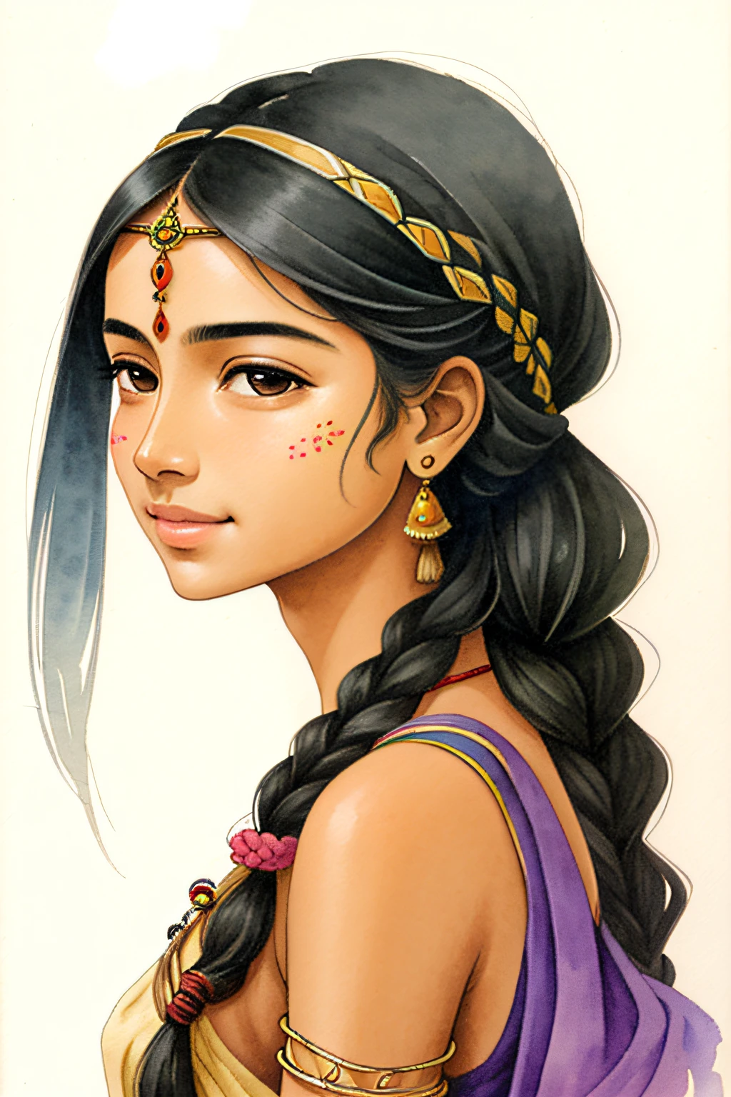 Create a closeup hard stroked flat watercolor painting of a Indian woman's face in a side view. She has bright skin, dark eyes and braided hair, and a bindi on her forehead. She is wearing a colorful sari. She has a pen in her right hand and with a writing pose. She has a slight smile on her lips and she is looking at the paper with concentration. The painting should use hard strokes to create contrast and texture. The angle of the painting should be 90 degrees from the woman’s face, so that only one side of her face is visible.