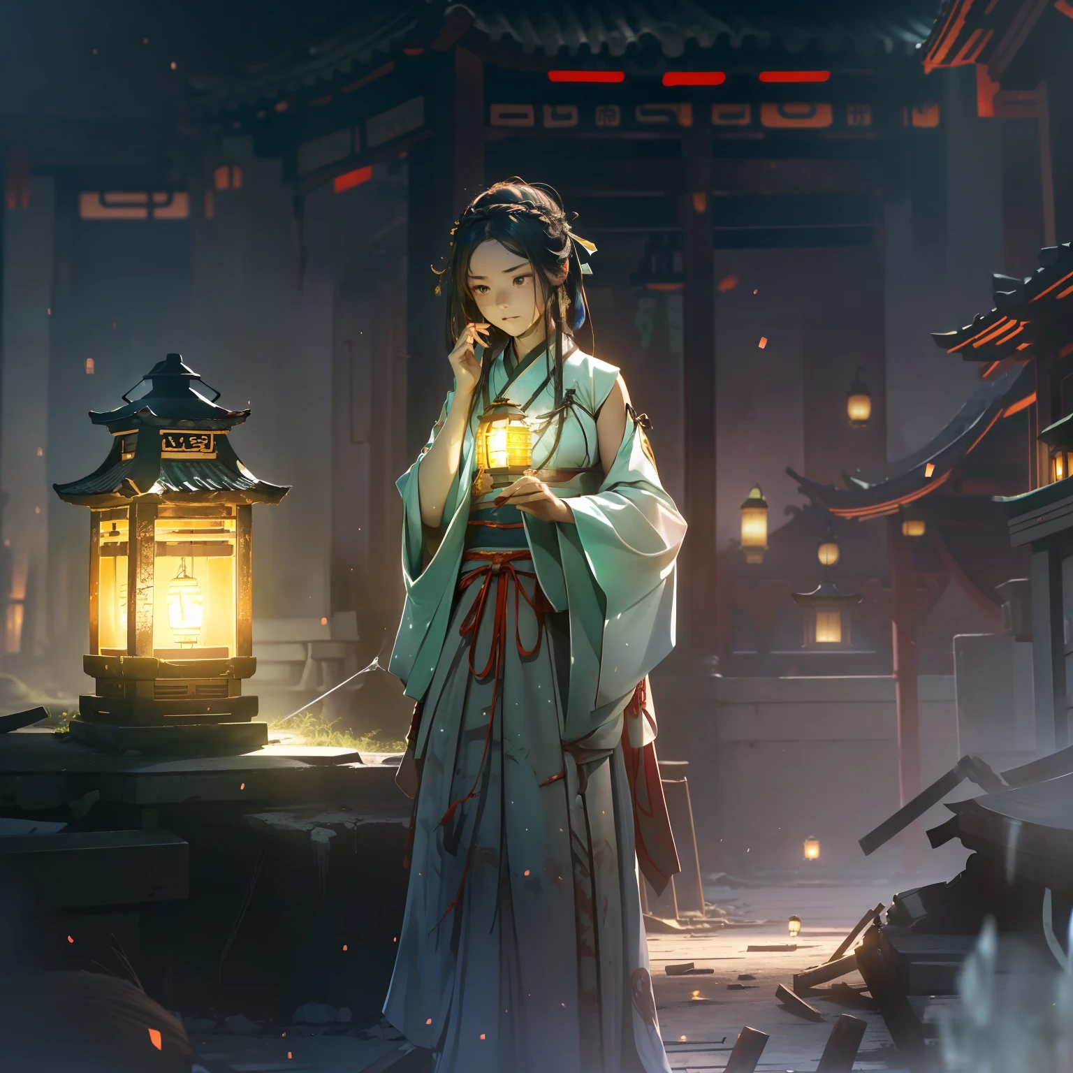 Very cute girl,G Cup Breasts,(Hanfu:1.6),(Hunfu skirt:1.3),(onimous:1.1),(Mysterious Lantern Light:1.4),,a short bob,Leprechaun,(A crumbling abandoned temple with peeling paint:1.4),(Darkness of the night:1.4),(top-quality:1.4) ,mystical:1.2),(The contrast between the darkness of the night and the brightness of the lanterns and the glow of the figures:1.4),(Light and shadow equal to the face:1.3),(Prone to downcast eyes:1.4),Look away,(Vague and ephemeral:1.4),(Otherworldly:1.4),