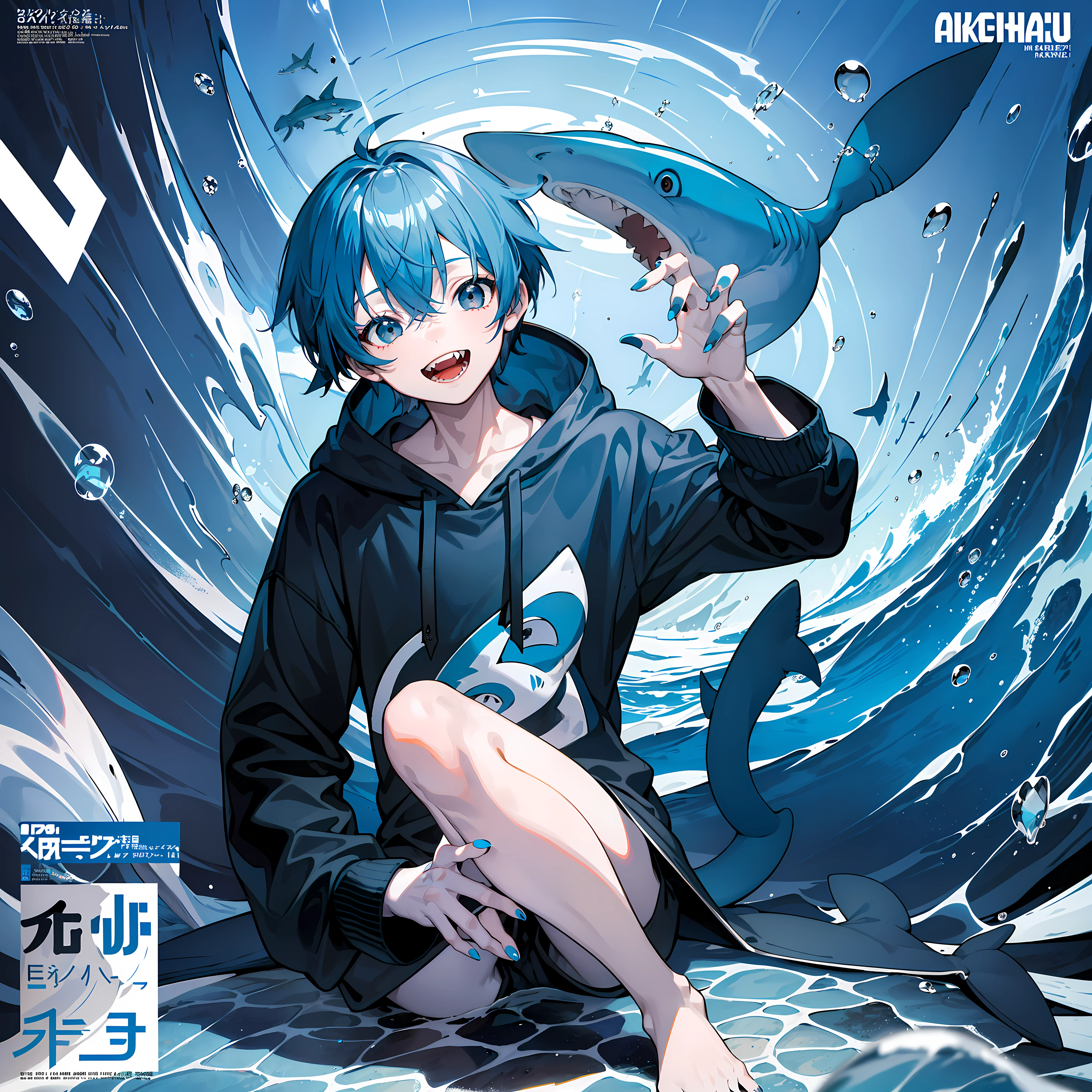 masterpiece, best quality, full body, (1boy), (Wearing a blue shark tail hoodie), (boy smiling shark teeth), (Boy Messy Japanese Round Haircut for Thick Hair), (blue nails), (blue hair), black shorts, ((solo)), (magazine:1.3), (cover-style:1.3), fashionable,Under water, (in side tunnel aquarium),