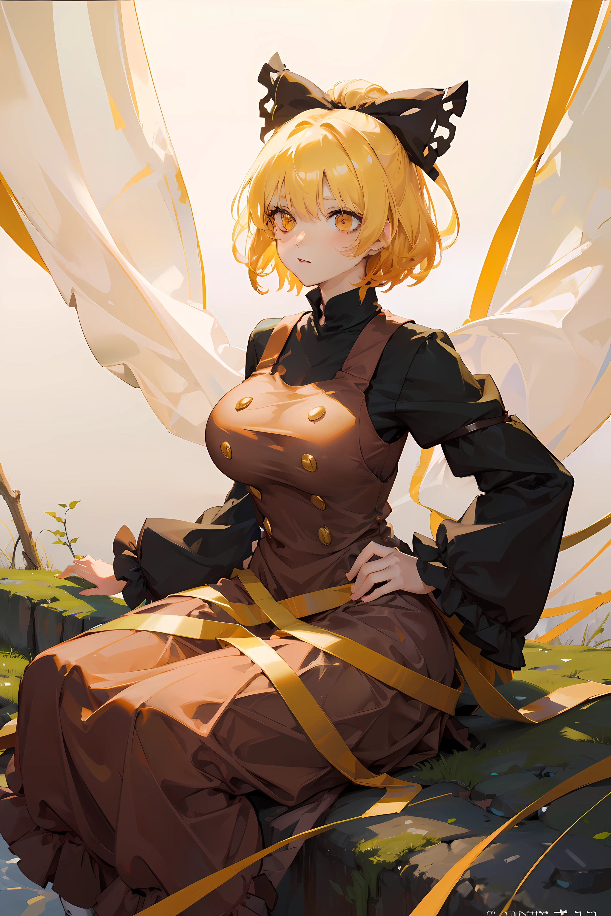 (masterpiece),best quality, expressive eyes, perfect face, 1girl,
big breast, H-cup, good breast, beautiful, gorgeous,anime,girl,lora, floating clothes,w sitting, w sitting on ground, legs on ground, short hair, yellow eyes, leaf hair ornament,red shirt,skirt,long sleeves,curtain chest ,hands on hips, hands on waist,kurodani yamame,
hair bow,
yellow eyes,
brown dress,
long sleeves,
silk,
spider web,