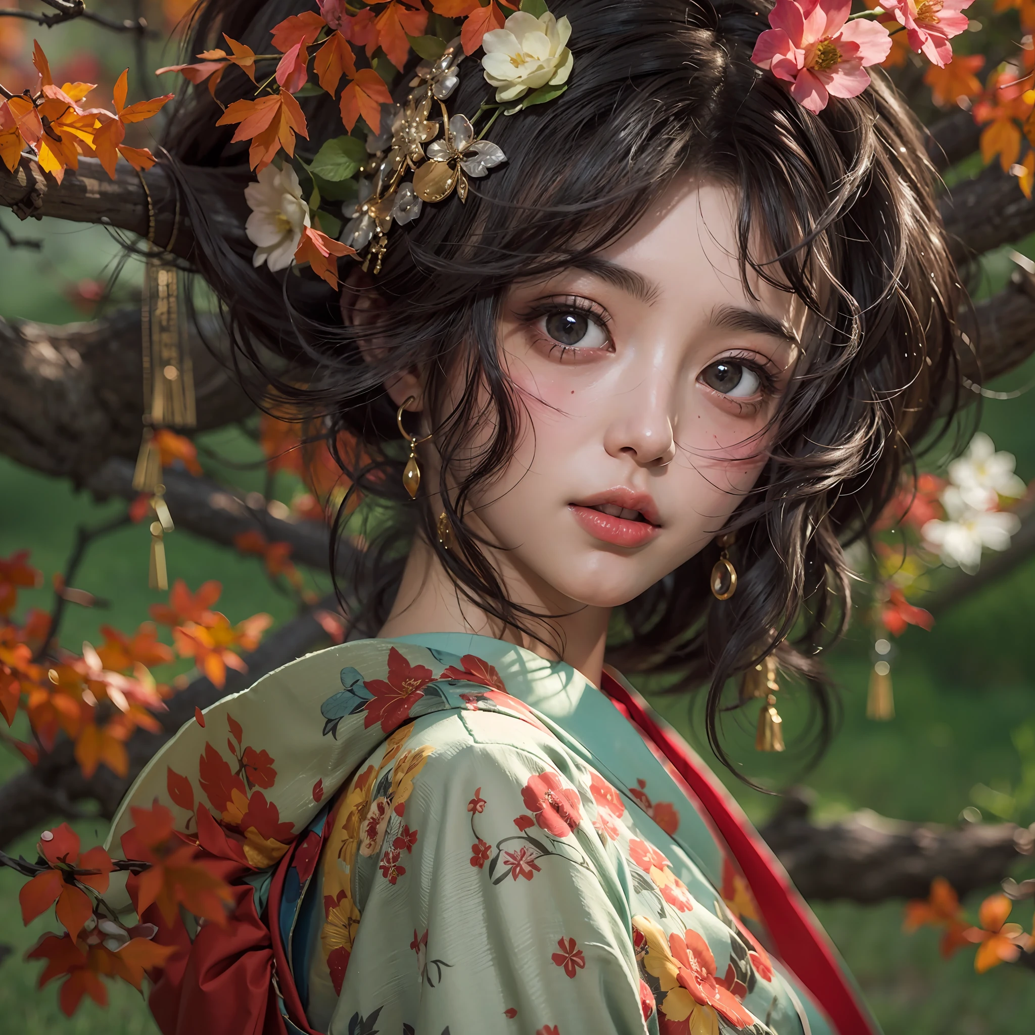 Yokai, Rancores, beautiful Japan women in kimonos, traditional kimonos of Japan, Martelar, desmembramento, fluttering chest, fluttering inner thighs, mundo de Spirited Away, undulating proportions, Poses sedutoras, sorrisos provocativos, mulheres maduras, cena noturna, moonlight lighting, Japan fantasy background, lanterna vermilion lanterna, lanterna vermilion lanterna, luz vermelha, de baixo, master part, exquisite and artistic face, olhos muito detalhados e expressivos, cabelos brilhantes, Textura altamente detalhada do rosto e da pele, pele altamente detalhada com poros, detailed hand description, detailed leg description, 8k, 16k, Qualidade Superior, Escrita Profissional, radiosidade, film lighting, dramatic lighting, fotorrealista, CG requintado, physical rendering, ultra-realistic, texturas realistas e realistas, Motor Unreal 5, Dynamic angles,