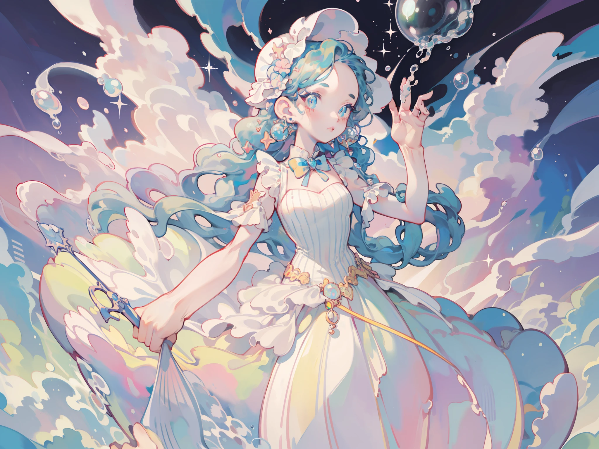 masterpiece, best quality, 8k resolution, sharp focus, intricate detail, beautiful girl, sparkling eyes, golden ratio face, otherworldly liquid, watercolor, ((pastel colors)), bright colors, whimsical, colorful, sharp focus, high resolution, fine detail, ((layered ballgown)), iridescent bubbles