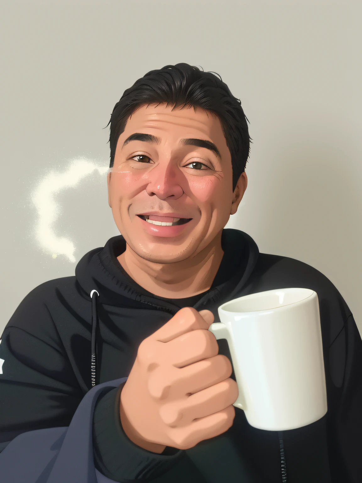 Jovem com um sorriso bonito, rosto limpo, segurando uma caneca com leite, with a drunken face, on a single-color background, High quality image in realistic animation style.