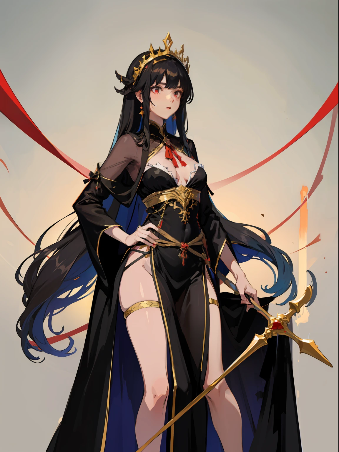 femele,Height 170,Tall and tall,Raised sexy,holding a longsword,Wearing a black silk chiffon robe,See-through installation,Reveals the color of the skin,A red ribbon is tied around the waist,Royal sister,Headband with gold trim,Full body portrait in standing position