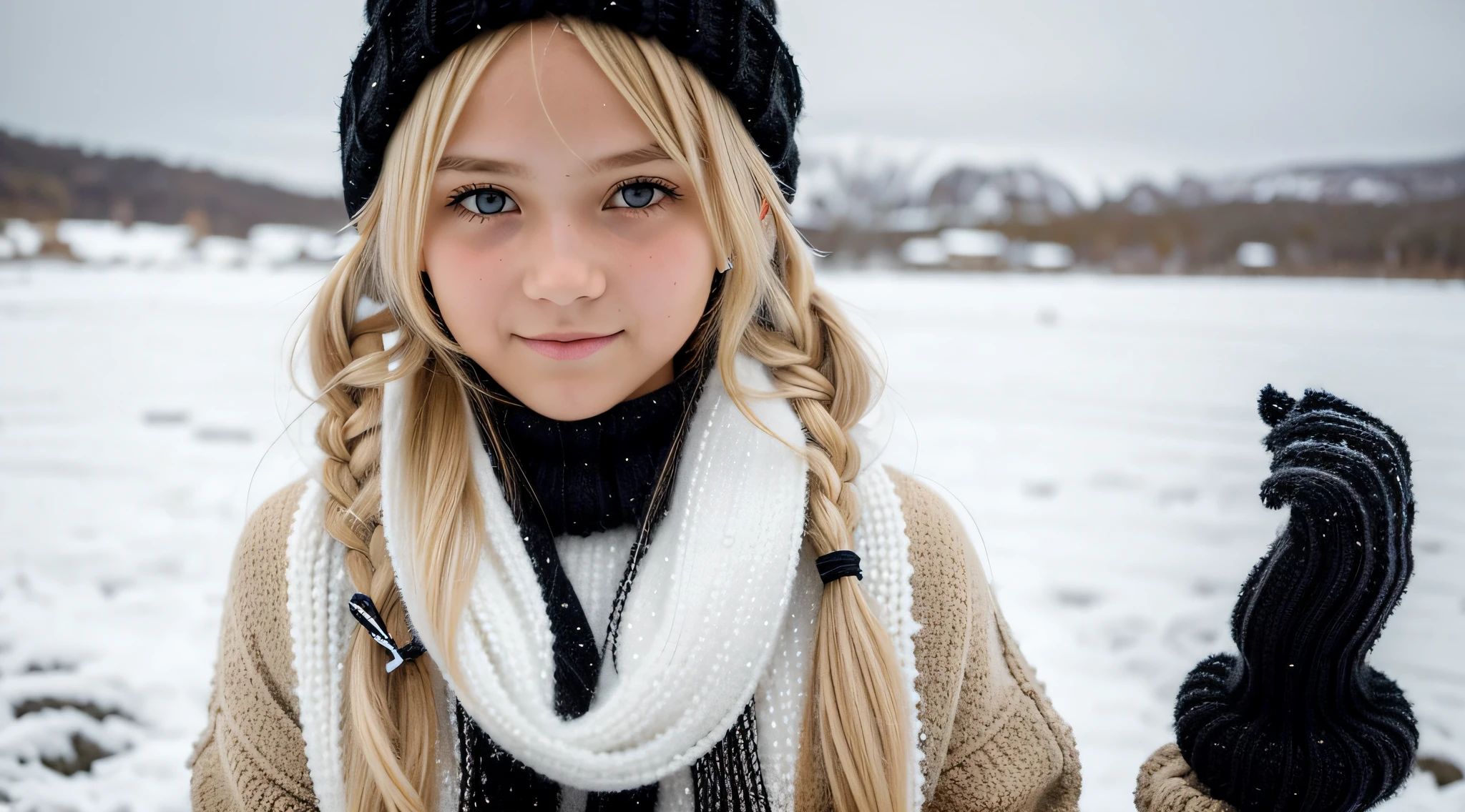 GIRL BLONDE CHILD with long hair wearing aMARELO sweater and black ear warmers, sonolento, wearing fluffy black scarf, doente com um frio, frio, loli, um frio, franja fofa, com pele fofa branca, orelhas, sonolento rosto modelo de moda, triste, twintails white_gloves, pele fofinha, adolescente, noites frias congelantes, inverno frio, orelhas pretas