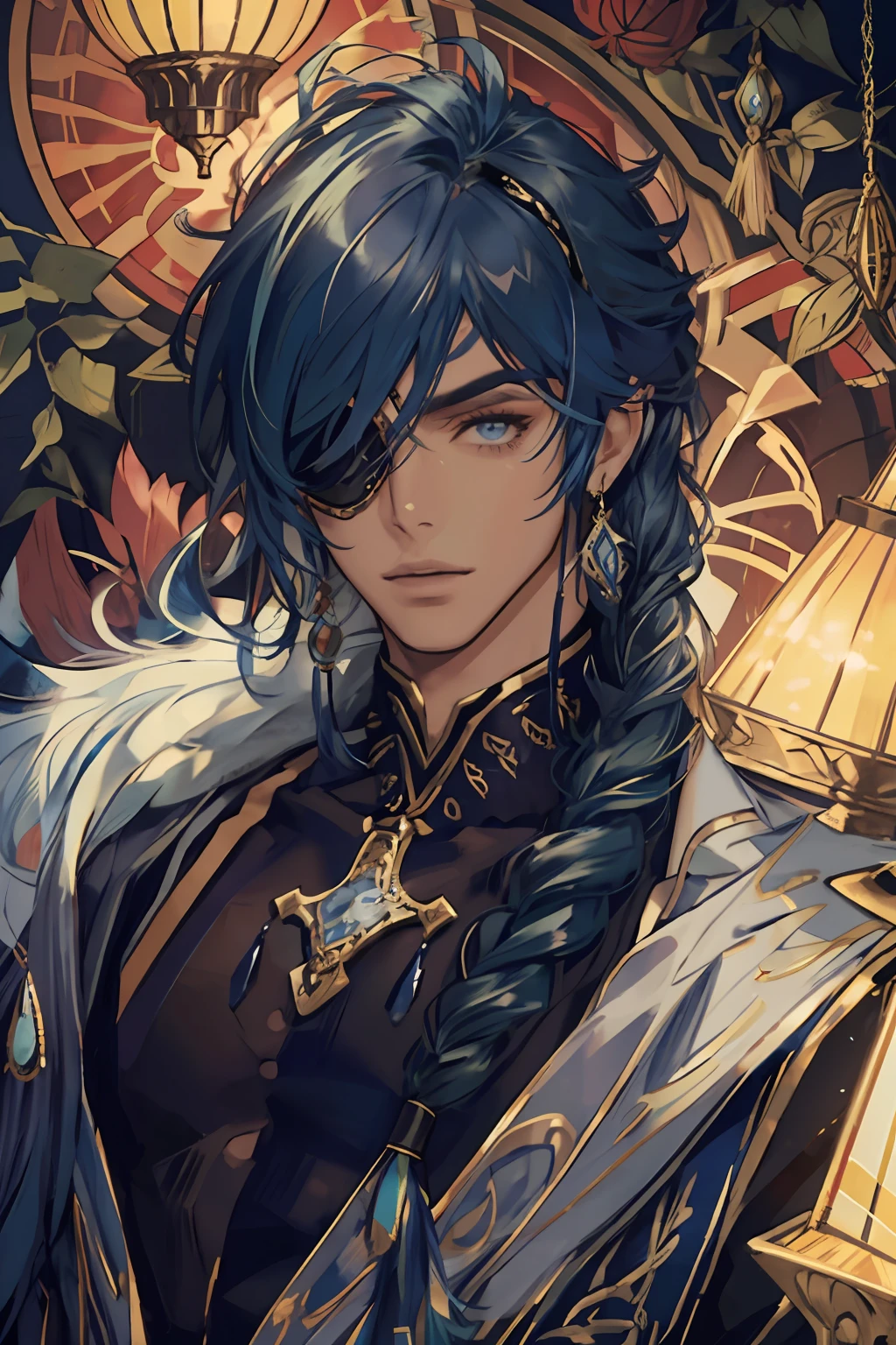 kaeya, 1male, solo man, handsome young man, blue hair, braid, eyepatch, black and blue clothes, peacock accessories, golden jewelry, upper body, cinematic lighting, stained glass lamps