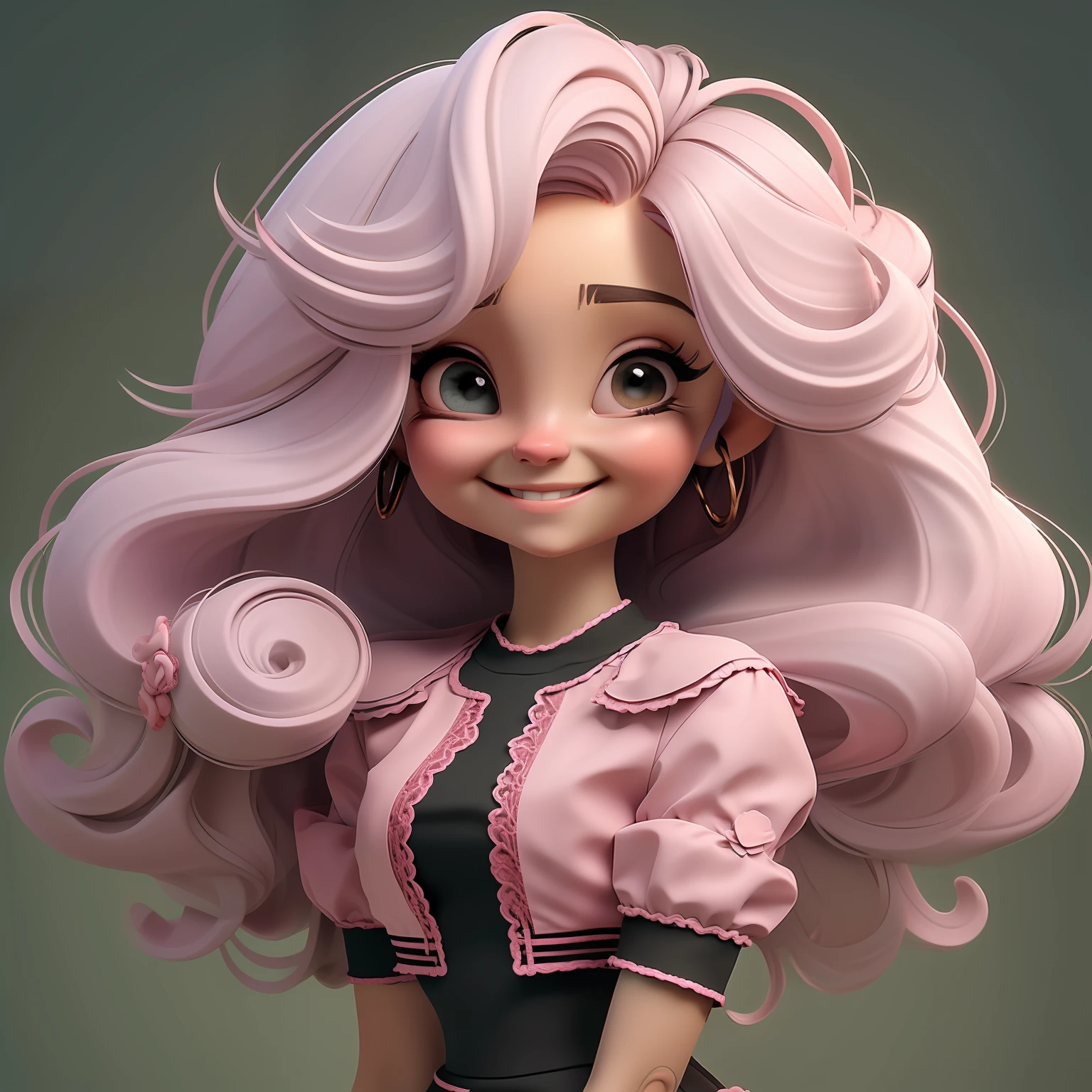1menina, cabelo longo, olhos azuis, brincos, joias, solo, saia, olhando para o espectador, corpo completo inteiro, cabelo rosa, sorriso, cabelo muito longo, ornamento de cabelo estrela, jaqueta, labia, fundo simples