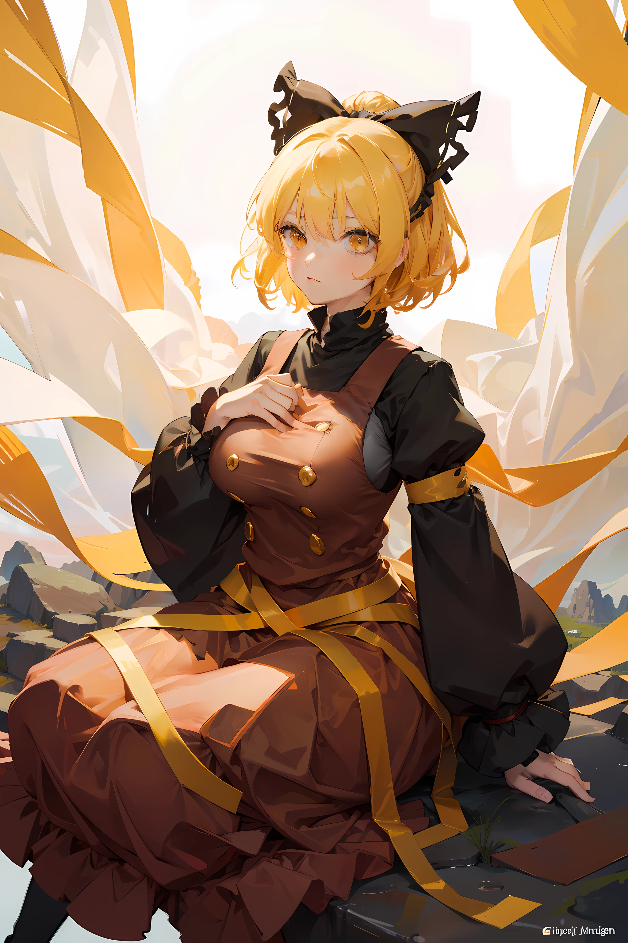 (masterpiece),best quality, expressive eyes, perfect face, 1girl,
big breast, H-cup, good breast, beautiful, gorgeous,anime,girl,lora, floating clothes,w sitting, w sitting on ground, legs on ground, short hair, yellow eyes, leaf hair ornament,red shirt,skirt,long sleeves,curtain chest ,hands on hips, hands on waist,kurodani yamame,
hair bow,
yellow eyes,
brown dress,
long sleeves,
silk,
spider web,