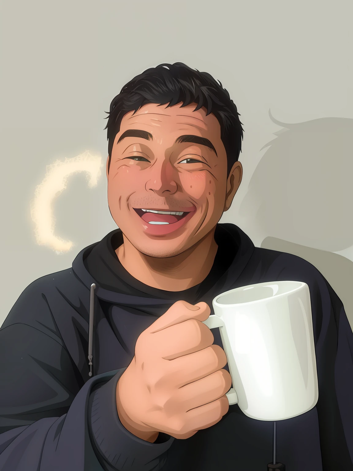 Jovem com um sorriso bonito, rosto limpo, segurando uma caneca com leite, with a drunken face, on a single-color background, High quality image in realistic animation style.