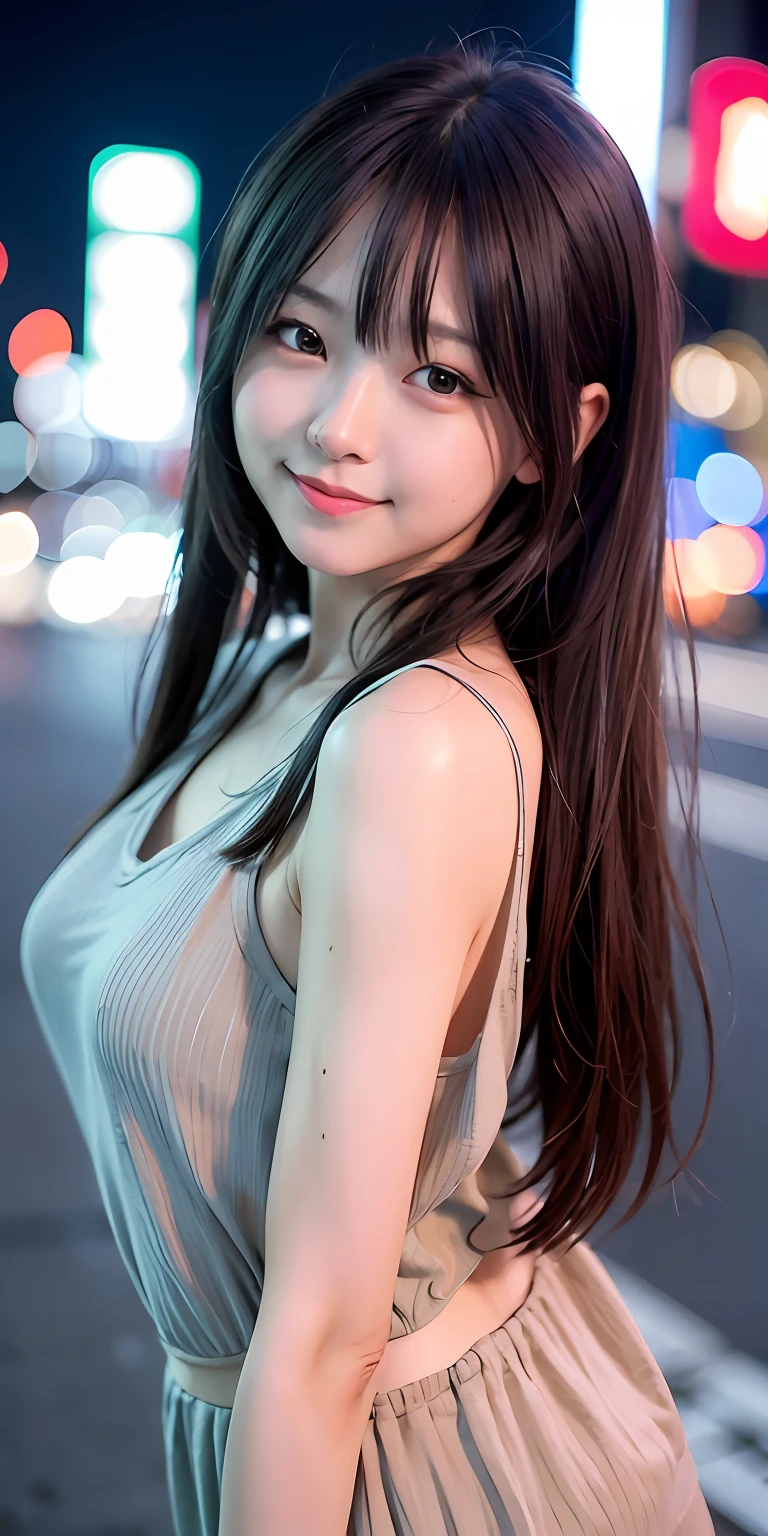 1girl, Tokyo street,night, cityscape,city lights,upper body,close-up,smile,, (8k, RAW photo, best quality, masterpiece:1.2),(realistic, photo-realistic:1.37),
