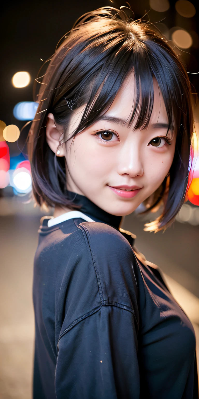 1girl, Tokyo street,night, cityscape,city lights,upper body,close-up,smile,, (8k, RAW photo, best quality, masterpiece:1.2),(realistic, photo-realistic:1.37),