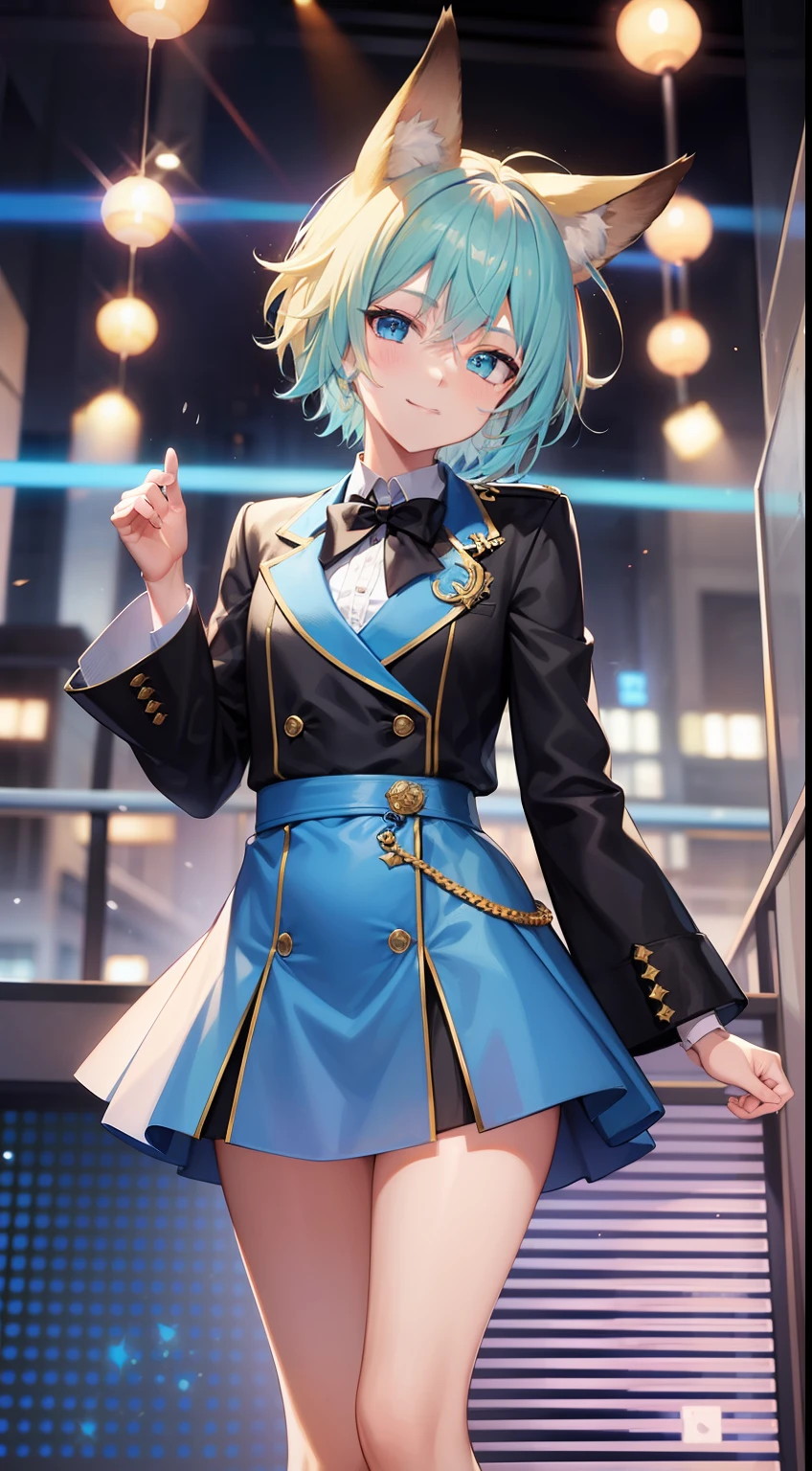 Young guy, short blonde hair, Fox ears, Cyan eyes, pop-idol, ssmile, Masterpiece, hiquality