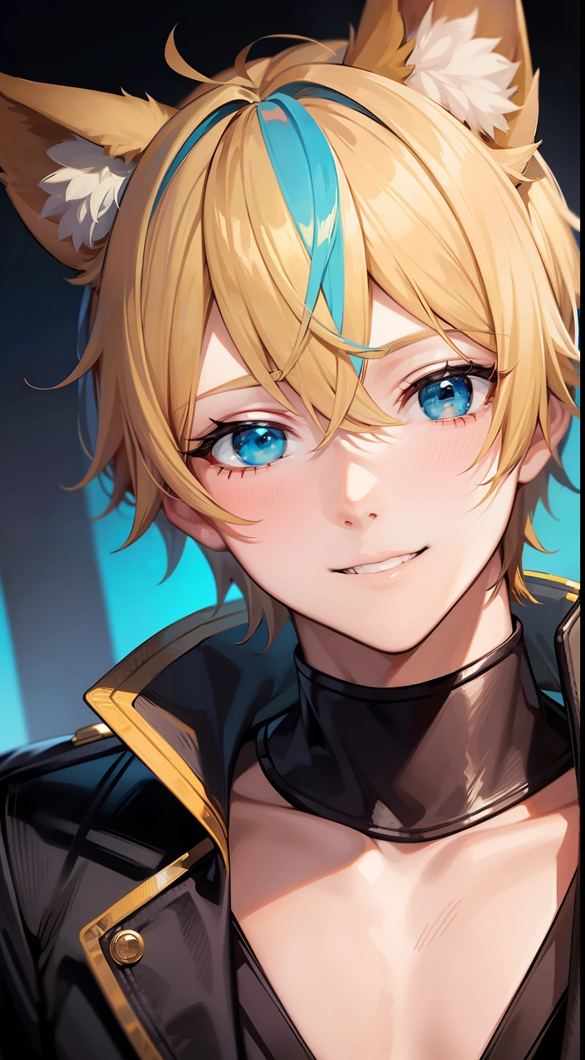 Young guy, short blonde hair, Fox ears, Cyan eyes, pop-idol, ssmile, Masterpiece, hiquality