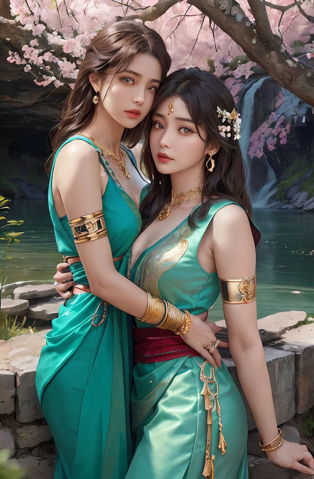((Realistic:1.5)),Ulzzang-6500:1.4,((Best quality)), ((Masterpiece)),((Detailed)),2girls,duo,{2 beautiful women}, (Upper body:1.3),Hug and touch each other, Tease your friend's waist, Breathless friends, Biting a friend's earlobe, crouched,super wide shot,Face focus, Long legs,Curvy, Barefoot,Wide hips, Thin legs, Oversized eyes,Long eyelashes, (Detailed face,beautidful eyes, detailedpupils,detailed clothes features, Clear background:1.3), (armlets, bangle:1.3), Mysterious ancient ruins, floresta exuberante, Deep canyon,bridge,River,cliff,Cloud,lakes,Rock music,Waterfalls, Flowers, Grass,grape trees,tree,bright detail,Sharp,Perfect compounding, Intricate, Sharp focus, Dramatic,