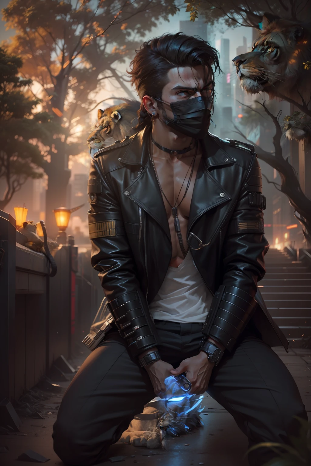 Change background cyberpunk handsome boy. Reallistic face. 8k,ultra realistic. With lion.