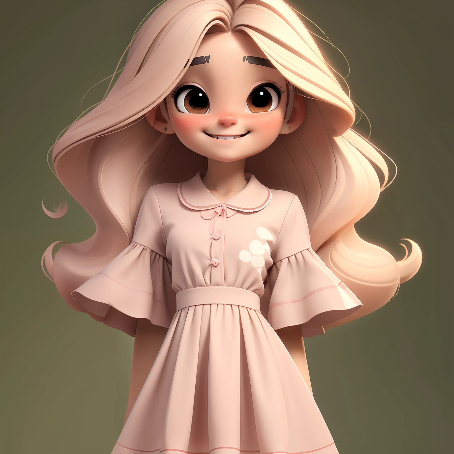 1menina, solo, cabelo longo, olhos pretos, cabelo preto, sorriso, brincos, pijamas, mangas curtas, joias, mangas inchadas, olhando para o espectador, vestido, mangas curtas inchadas, parte total do corpo, fundo simples, vestido BROWN, fundo preto, blush, labia