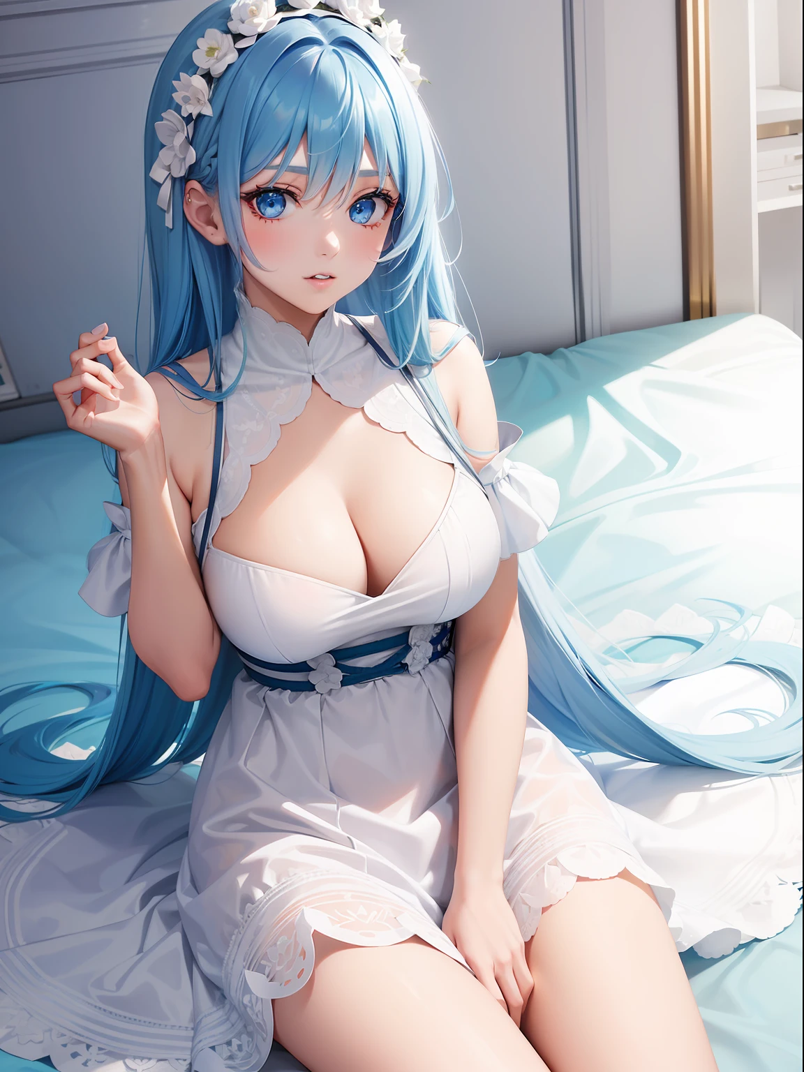 a women, blue hair, blue eyes, white dress