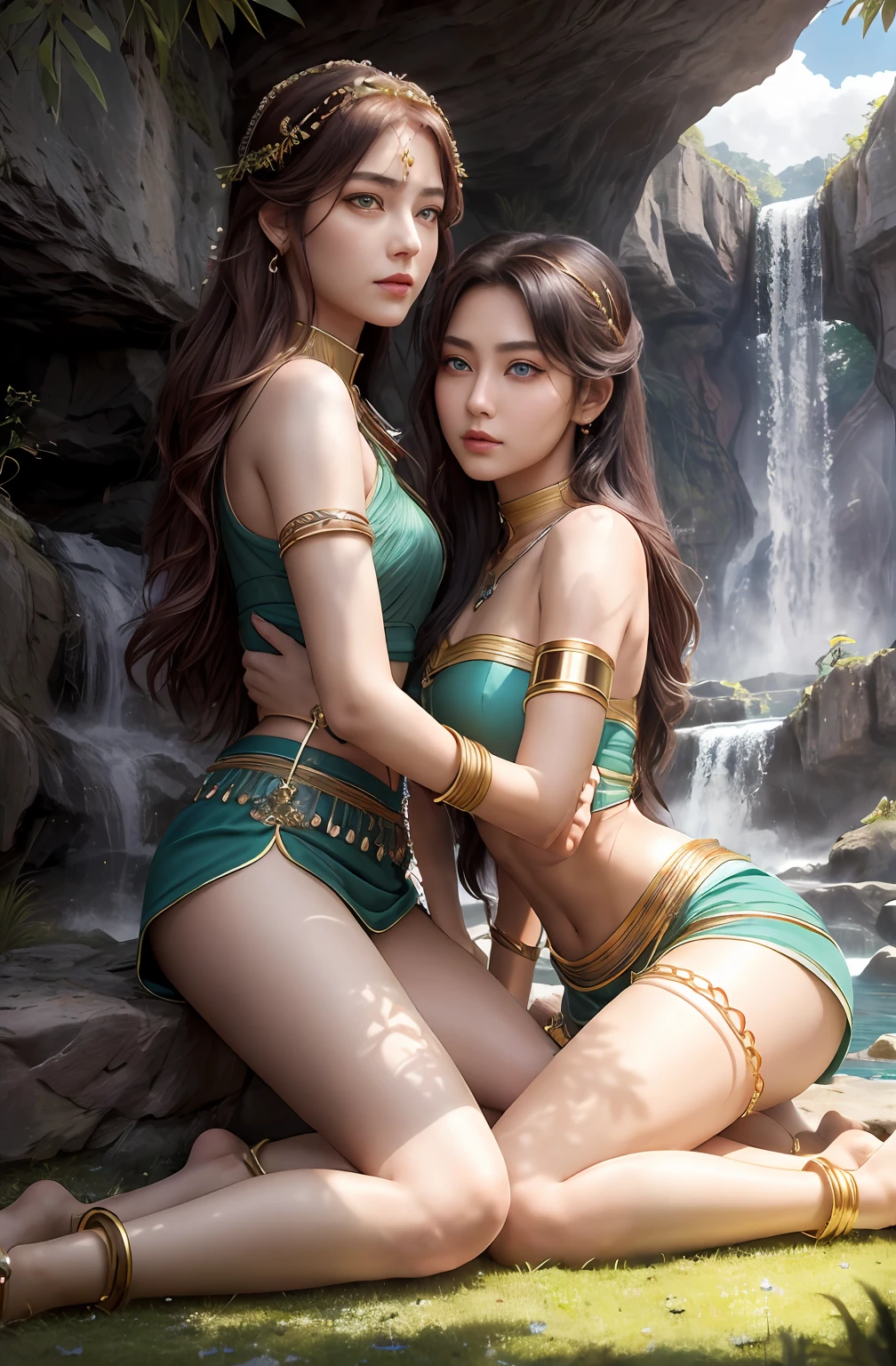 ((Realistic:1.5)),Ulzzang-6500:1.4,((Best quality)), ((Masterpiece)),((Detailed)),2girls,duo,{2 beautiful women}, (Upper body:1.3),Hug and touch each other, Tease your friend's waist, Breathless friends, Biting a friend's earlobe, crouched,super wide shot,Face focus, Long legs,Curvy, Barefoot,Wide hips, Thin legs, Oversized eyes,Long eyelashes, (Detailed face,beautidful eyes, detailedpupils,detailed clothes features, Clear background:1.3), (armlets, bangle:1.3), Mysterious ancient ruins, floresta exuberante, Deep canyon,bridge,River,cliff,Cloud,lakes,Rock music,Waterfalls, Flowers, Grass,grape trees,tree,bright detail,Sharp,Perfect compounding, Intricate, Sharp focus, Dramatic,