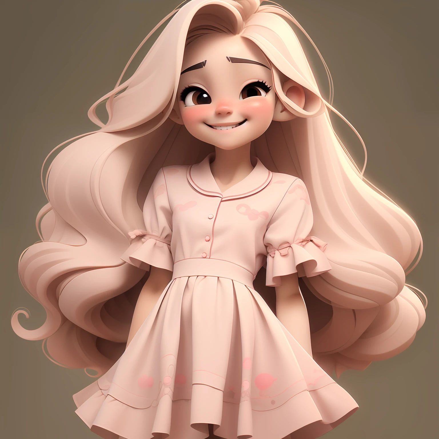 1menina, solo, cabelo longo, olhos pretos, cabelo preto, sorriso, brincos, pijamas, mangas curtas, joias, mangas inchadas, olhando para o espectador, vestido, mangas curtas inchadas, parte total do corpo, fundo simples, vestido BROWN, fundo preto, blush, labia