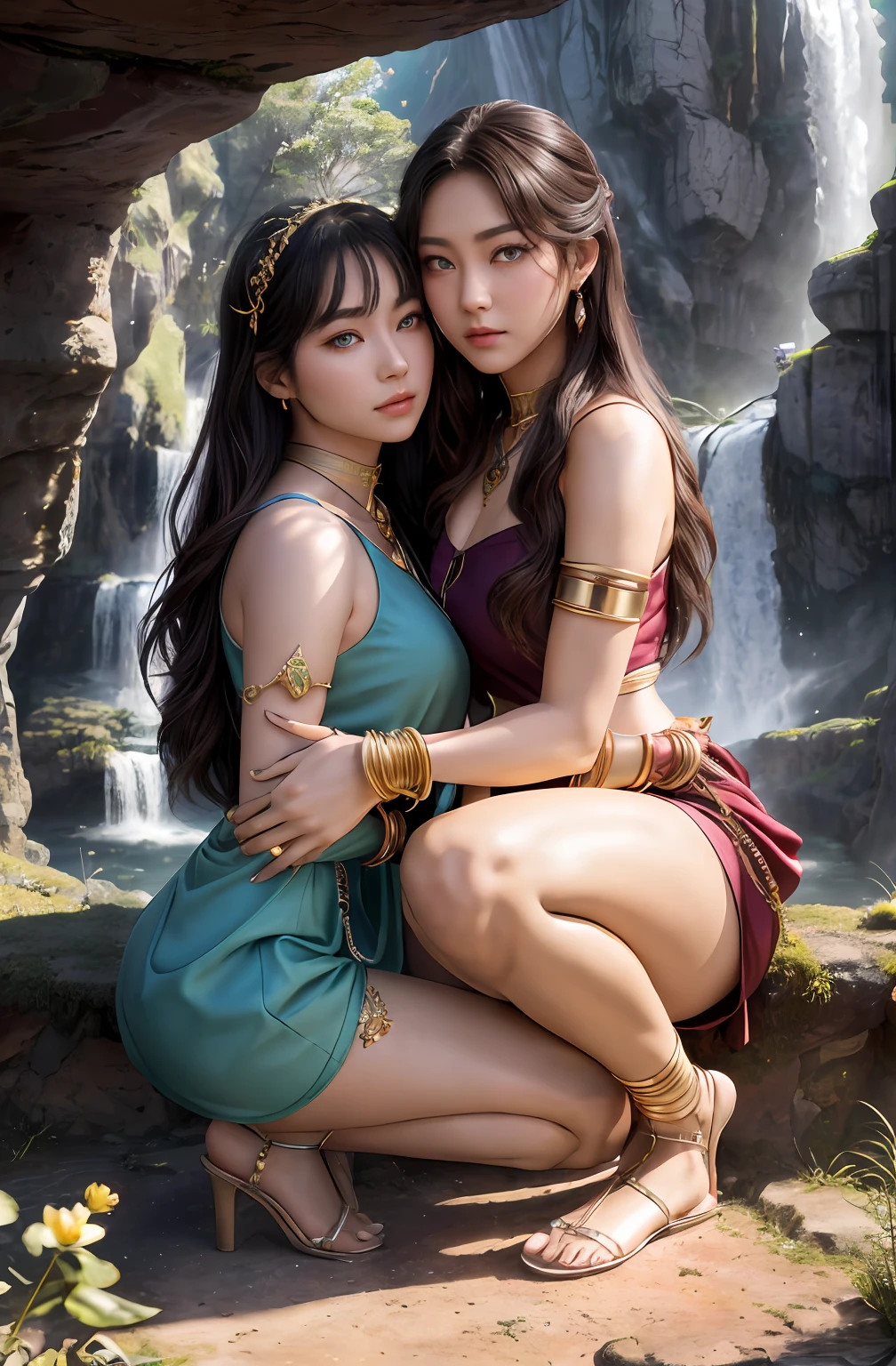 ((Realistic:1.5)),Ulzzang-6500:1.4,((Best quality)), ((Masterpiece)),((Detailed)),2girls,duo,{2 beautiful women}, (Upper body:1.3),Hug and touch each other, Tease your friend's waist, Breathless friends, Biting a friend's earlobe, crouched,super wide shot,Face focus, Long legs,Curvy, Barefoot,Wide hips, Thin legs, Oversized eyes,Long eyelashes, (Detailed face,beautidful eyes, detailedpupils,detailed clothes features, Clear background:1.3), (armlets, bangle:1.3), Mysterious ancient ruins, floresta exuberante, Deep canyon,bridge,River,cliff,Cloud,lakes,Rock music,Waterfalls, Flowers, Grass,grape trees,tree,bright detail,Sharp,Perfect compounding, Intricate, Sharp focus, Dramatic,