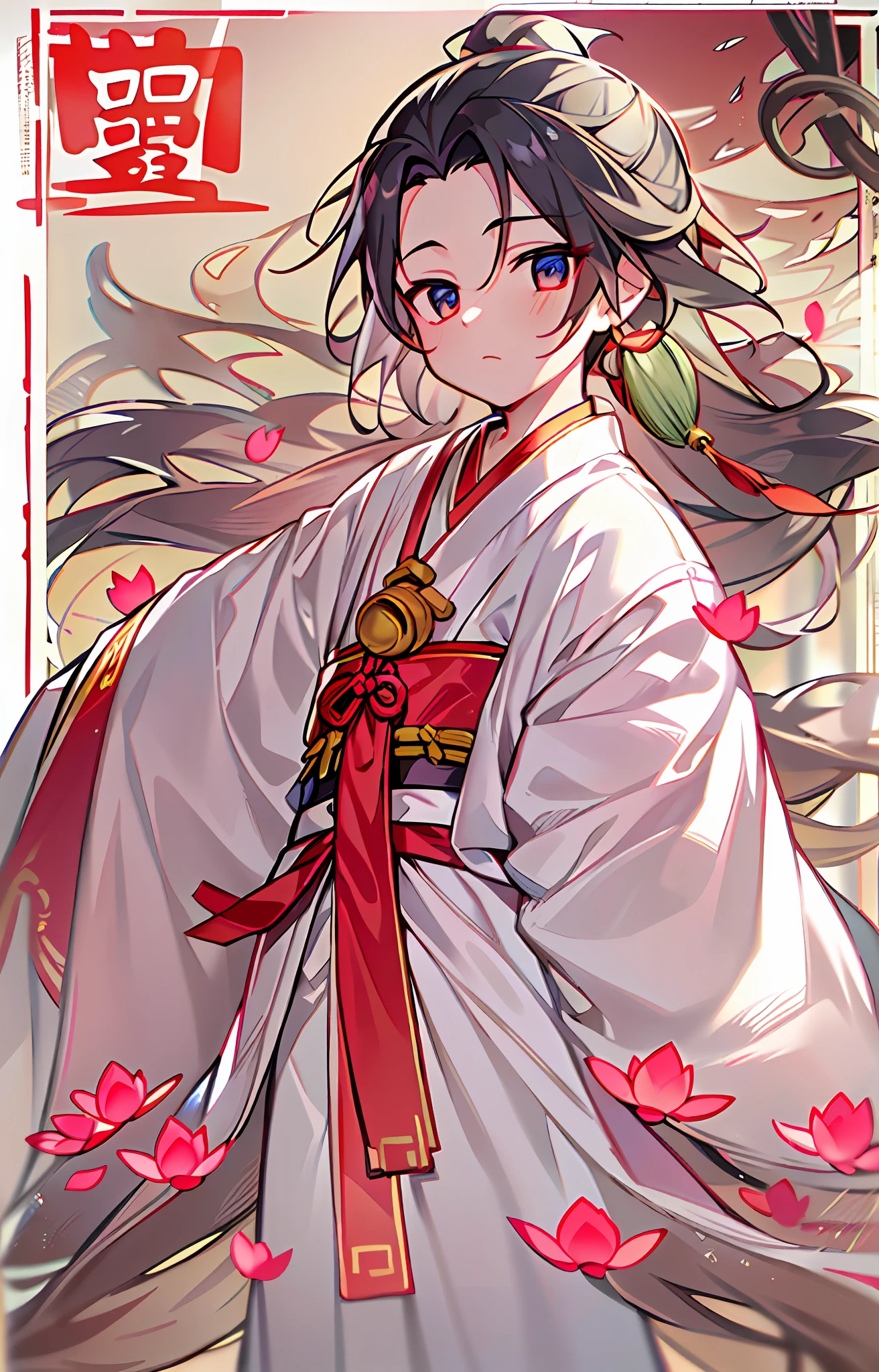 A boy in a white Hanfu holds a red scarf，Boy，There is a red flame pattern in the middle of the forehead，（There is a red glow in the corners of the eyes)，There are Chinese Taoist elements and Buddhist elements，nezha，There are no sleeves on the upper body, And the front leaks out of the collarbone, The back leaks from behind，（The bare ankles are tied with strips of red muslin cloth)，Lotus element，Lotus leaf element，，（shorter pants)，He has long hair on both sideburns，Two spherical hairs tied with red rope on the head，（Six-year-old boy)，（Boy)，full body shot shot，（Clothes leak out from behind)