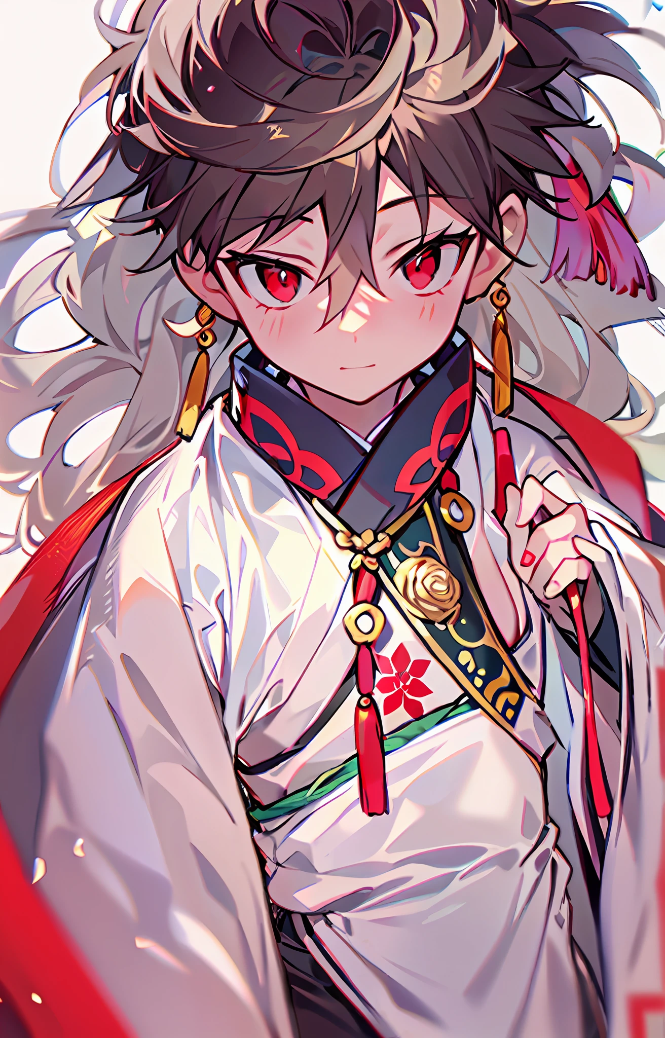 A boy in a white Hanfu holds a red scarf，Boy，There is a red flame pattern in the middle of the forehead，（There is a red glow in the corners of the eyes)，There are Chinese Taoist elements and Buddhist elements，nezha，There are no sleeves on the upper body, And the front leaks out of the collarbone, The back leaks from behind，（The bare ankles are tied with strips of red muslin cloth)，Lotus element，Lotus leaf element，，（shorter pants)，He has long hair on both sideburns，Two spherical hairs tied with red rope on the head，（Six-year-old boy)，（Boy)，full body shot shot，（Clothes leak out from behind)