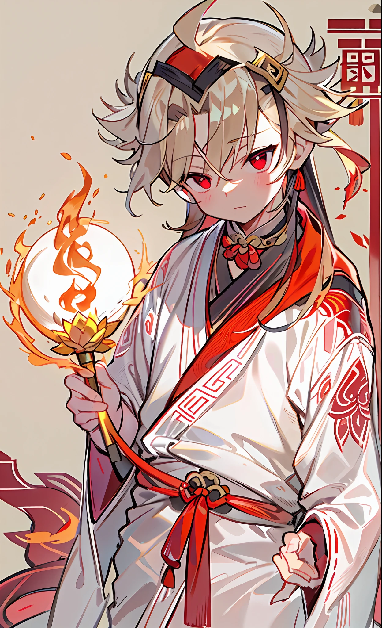 A boy in a white Hanfu holds a red scarf，Boy，There is a red flame pattern in the middle of the forehead，（There is a red glow in the corners of the eyes)，There are Chinese Taoist elements and Buddhist elements，nezha，There are no sleeves on the upper body, Leaks out half of the chest，（The bare ankles are tied with strips of red muslin cloth)，Lotus element，Lotus leaf element，，（shorter pants)，He has long hair on both sideburns，Two spherical hairs tied with red rope on the head，（Six--old )，（Boy)，full body shot shot，（Clothes leak out from behind)