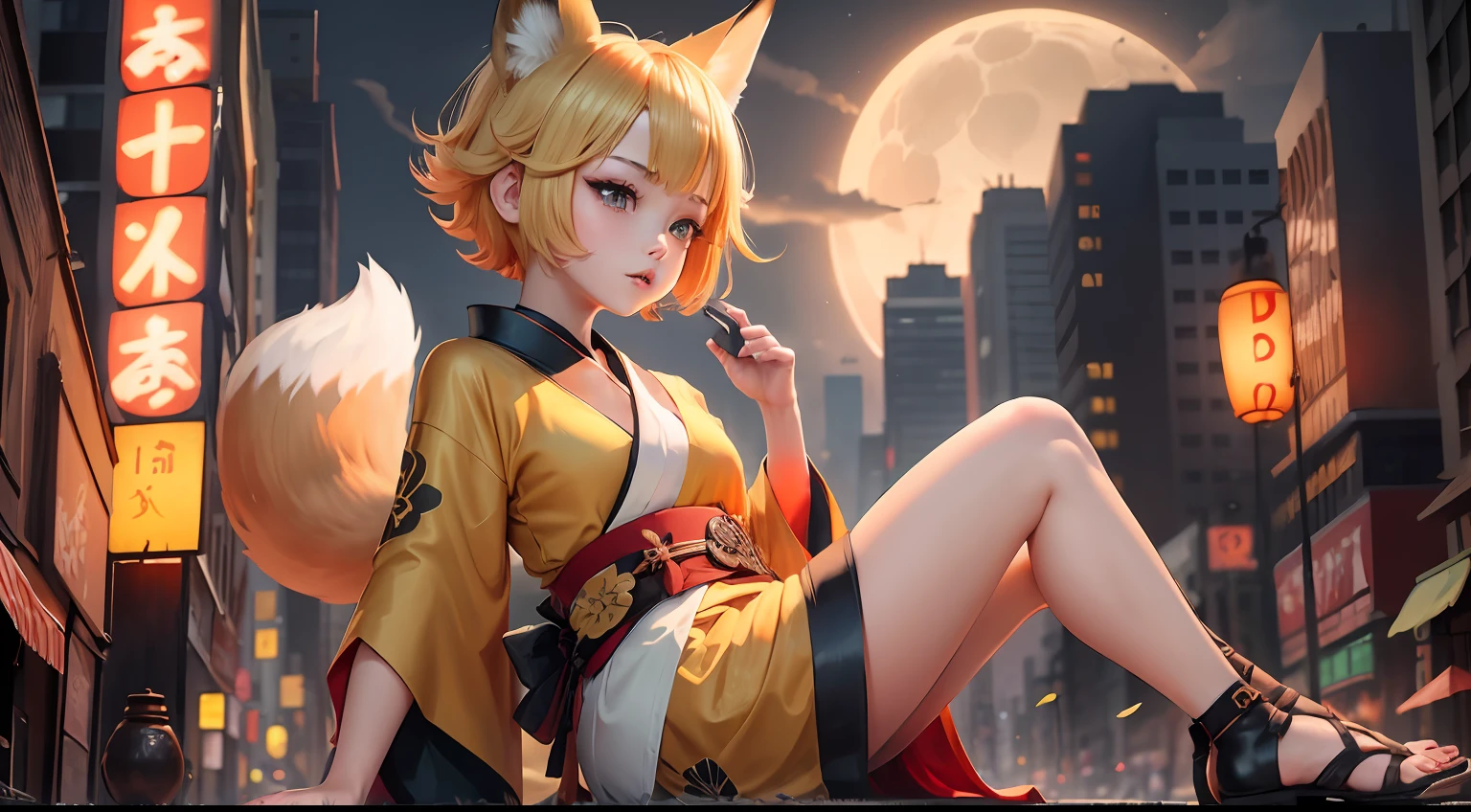 1girl, short yellow hair, fox ears, kimono, city, short, red eye, fox orange tail