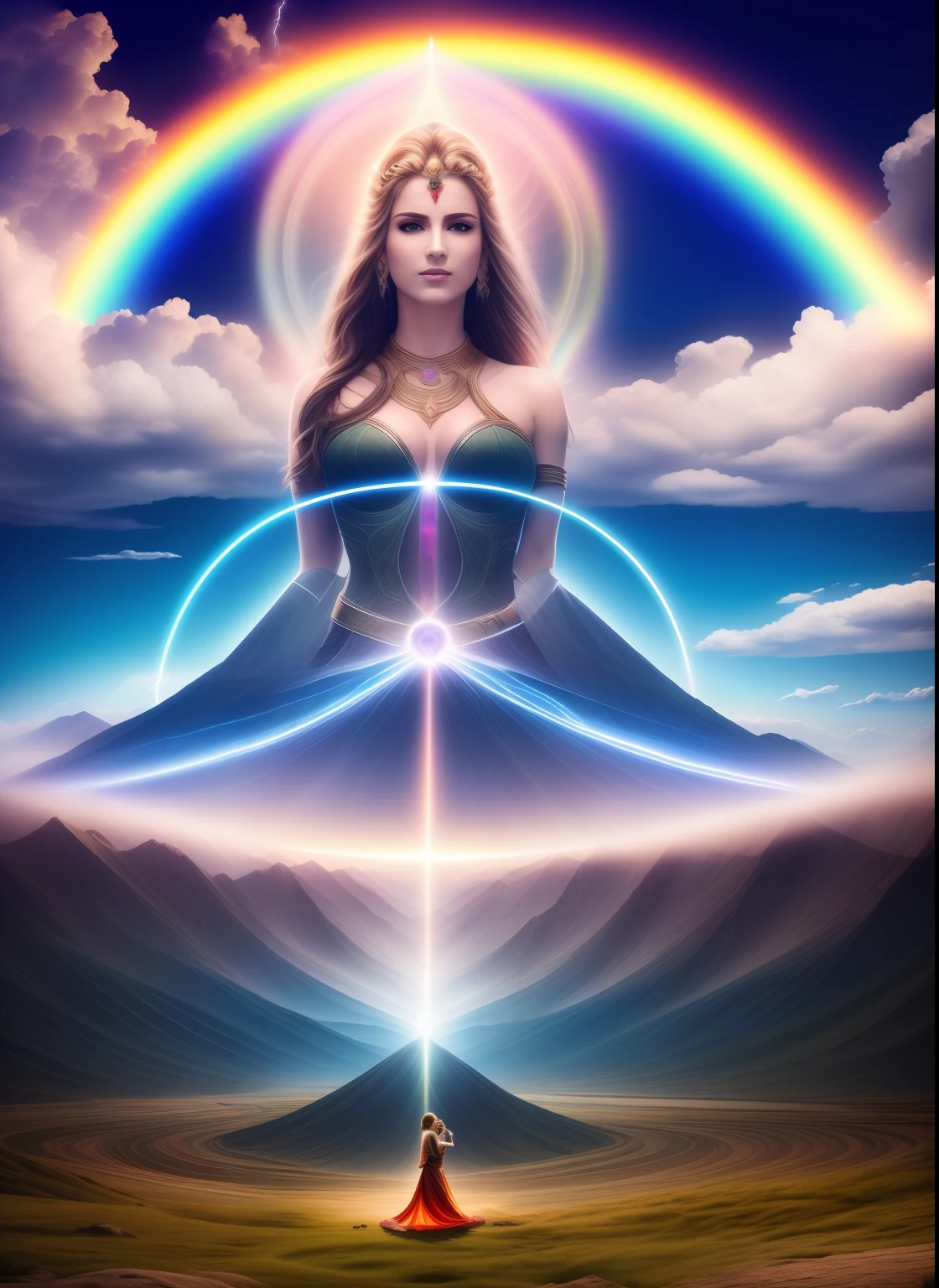 There was an angry woman kneeling on two large snakes, One red and one black,Hair stands on end,choker necklace,Delicate,bangle,ankle bracelets,Soft and light clothing,flowing clouds,Cloud,fresh flowers,(nice hand),(Good feet),(good legs),realisticlying,white skinned,((Correct body structure)),decorated in white,The sky is cloudy,A lot of lightning,Head background with round light,Behind him is a rainbow circle,Clouds and lightning,Unreal space,ethereal world,dreamworld,tmasterpiece,4K,ultra-definition,professional photoshooting,