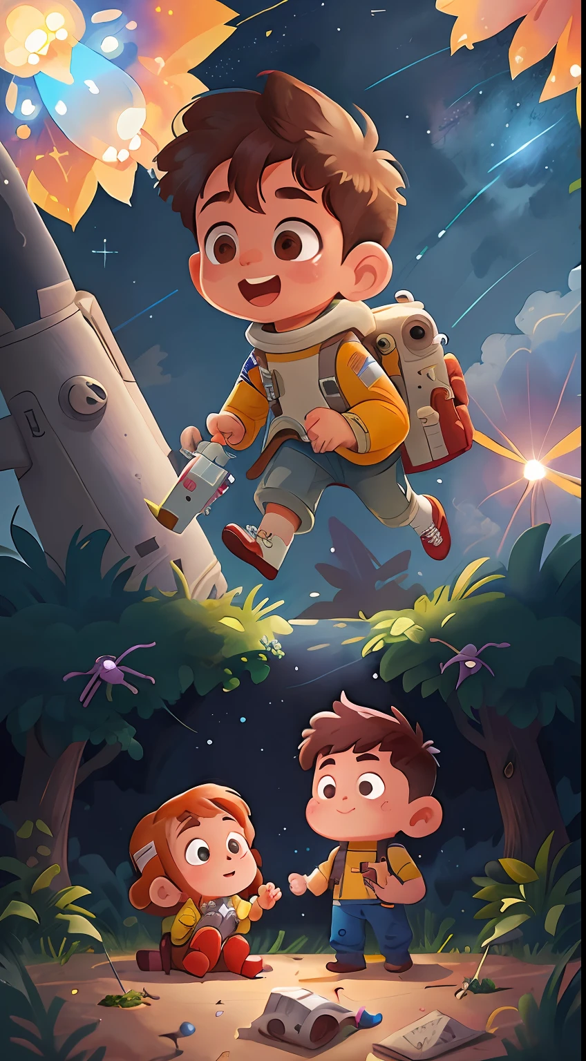 A Boy and a girl as astronaut, rocket, space, Watercolor, full body view, starry night, perfect quality, (masterpiece: 1.2) (Bokeh background) (Best quality) (Detailed Skin: 1.3) (Intricate Details) (8K) (Detail Eyes) (Sharp Focus), (Happy), best lighting