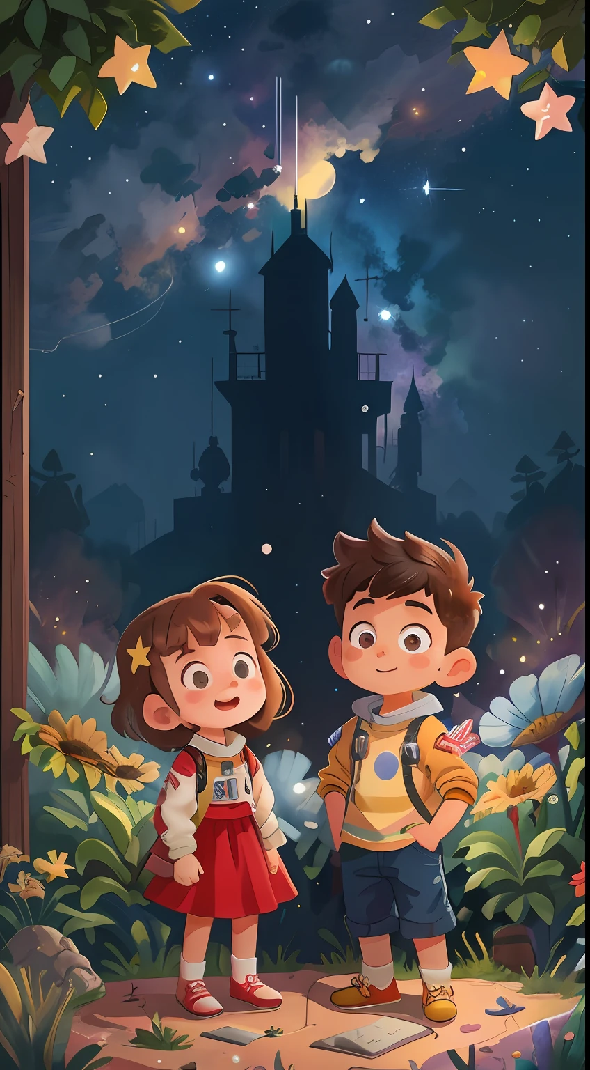 A Boy and a girl as astronaut, rocket, space, Watercolor, full body view, starry night, perfect quality, (masterpiece: 1.2) (Bokeh background) (Best quality) (Detailed Skin: 1.3) (Intricate Details) (8K) (Detail Eyes) (Sharp Focus), (Happy), best lighting