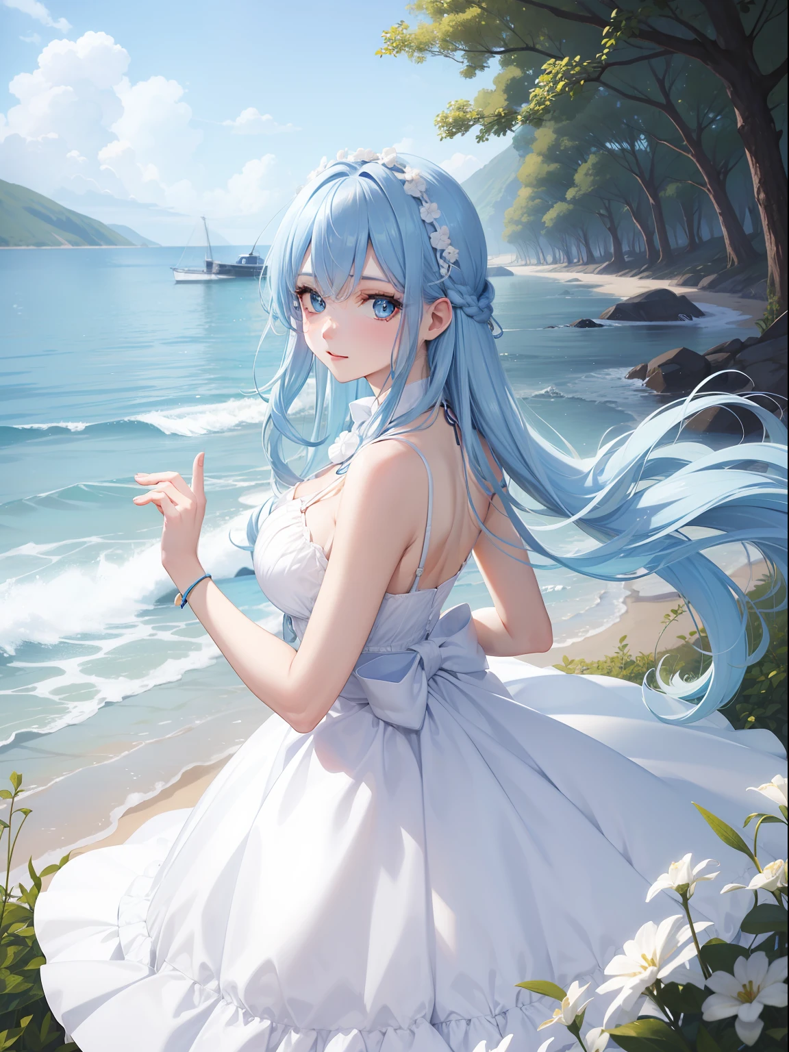 Anime girl in a white dress standing on a beach near the ocean - SeaArt AI