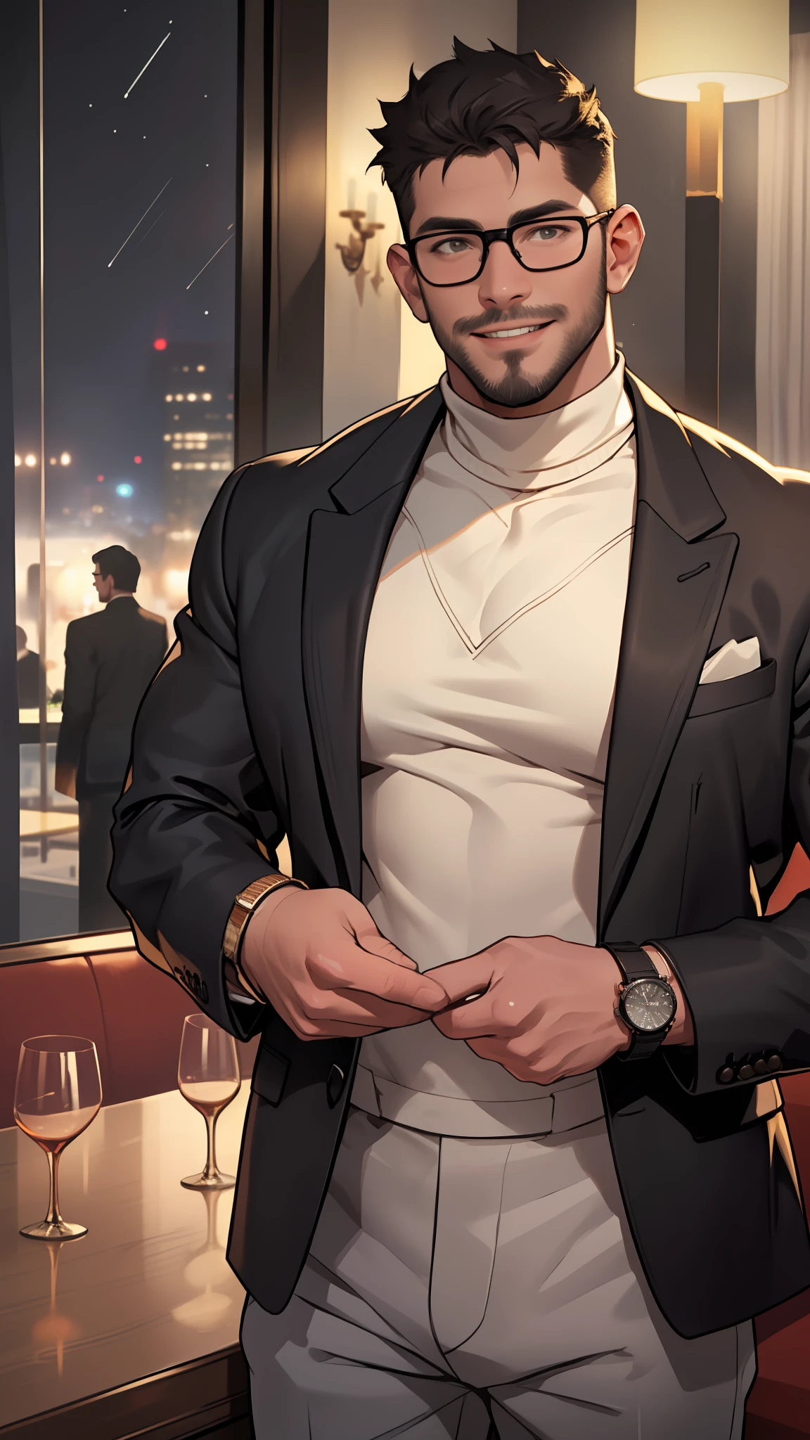 1 man, solo, masterpiece, best quality, highres, upper body shot, ultra detailed, ((wide angle)), middle-aged man, daddy, hunk physique, beefy, burly, hairy, manly, really tall, black hair, beard, standing, wearing a dark brown suit's jacket, white wool turtleneck shirt, black trousers, wearing glasses, silver wrist watch, big cheerful smile, indoors, luxury golden room of a famous restaurant in the background, window, night time, incredible composition, HDR, volumetric lighting, shadows, aesthetic