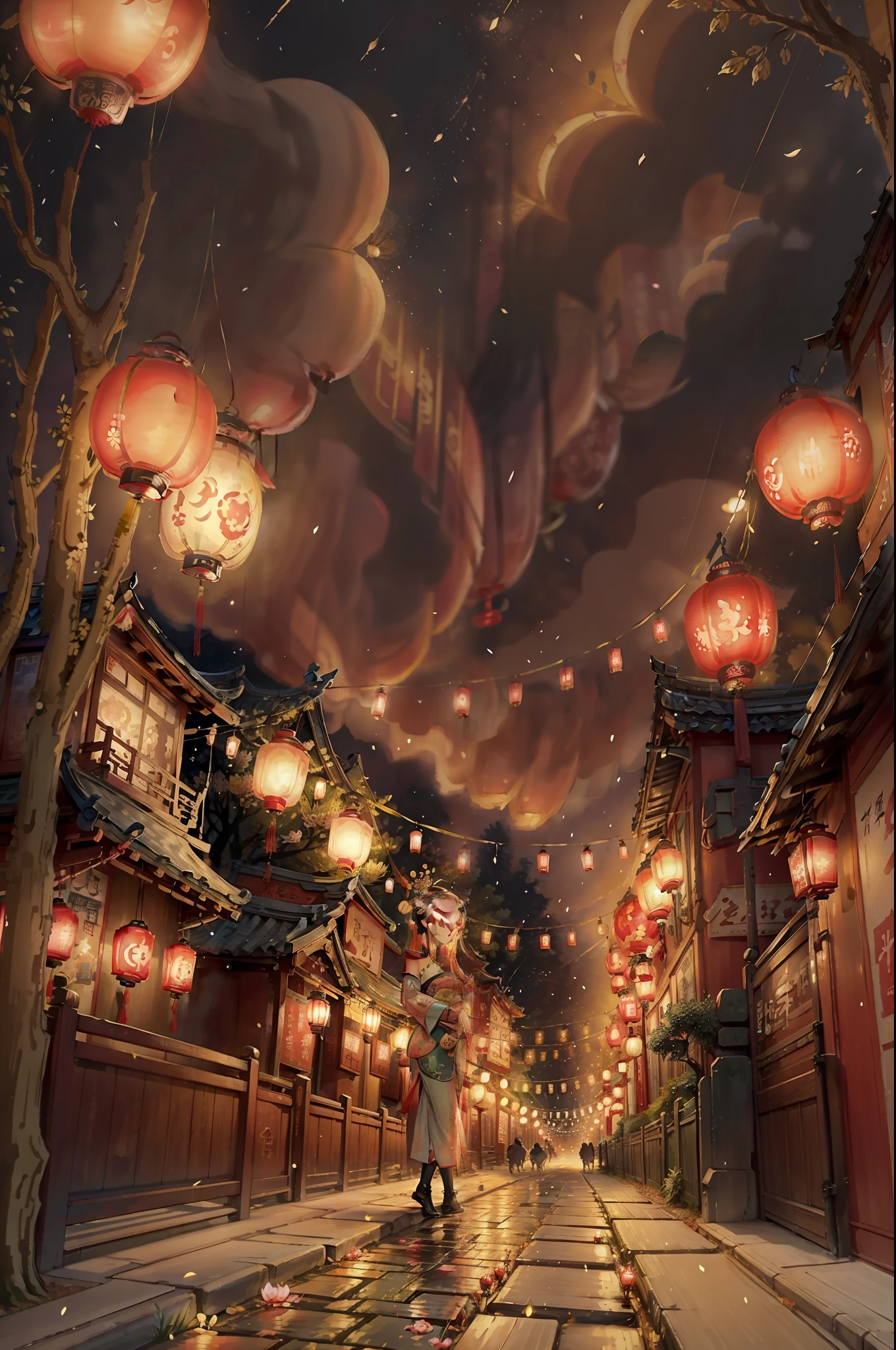 Chinese Ancient Times,Lively city lanes,Lanterns,The pear blossoms of 10,000 trees are blooming,,The starry sky fell to the ground like a drizzle。This is a gorgeous and colorful Lantern Festival scene,It makes it lively、Spectacular、Fine。